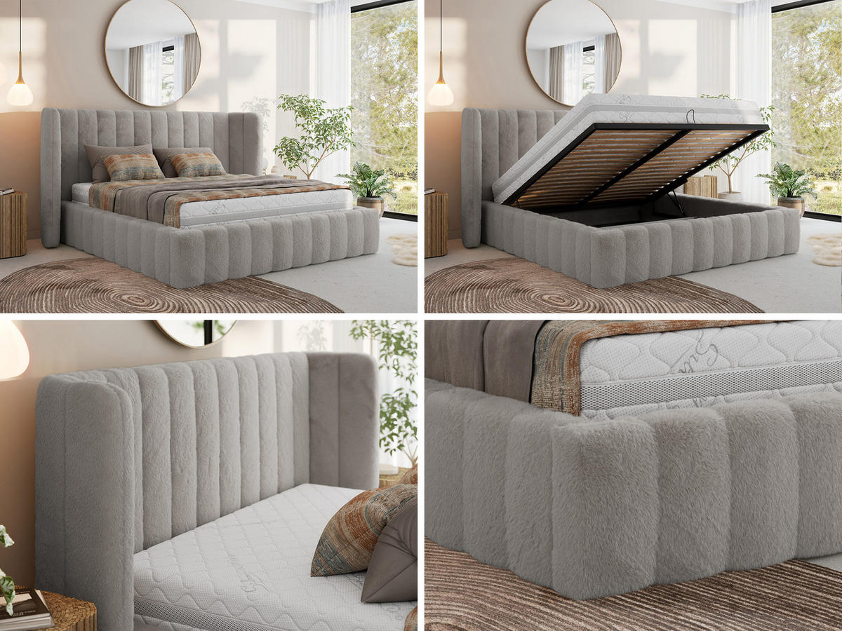 POLSTERBETT GOLETTA CLASSIC 200/200 - Hellgrau Plüsch - Multipocket-Matratze - Hellgrau, Textil (200/200cm) - MKS