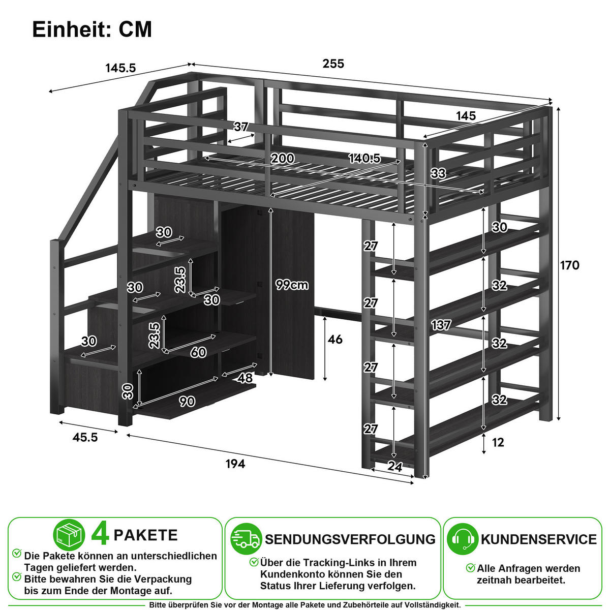 HOCHBETT 140/200 cm in Schwarz mit LED, Regal und Kleiderschrank - Schwarz, Holzwerkstoff/Metall (140/200cm) - CHICFURN