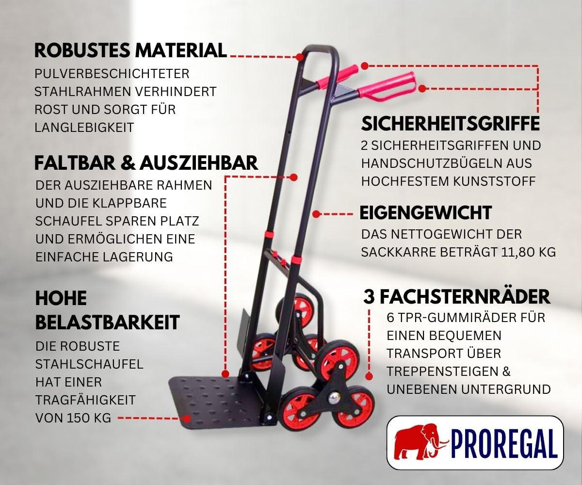 TREPPENSTEIGER Sackkarre Taurus 150 110x45x61cm Traglast 150kg Griff, Klappbar, Stahl Rot-Schwarz - Schwarz, Metall (61/45/110cm) - PROREGAL