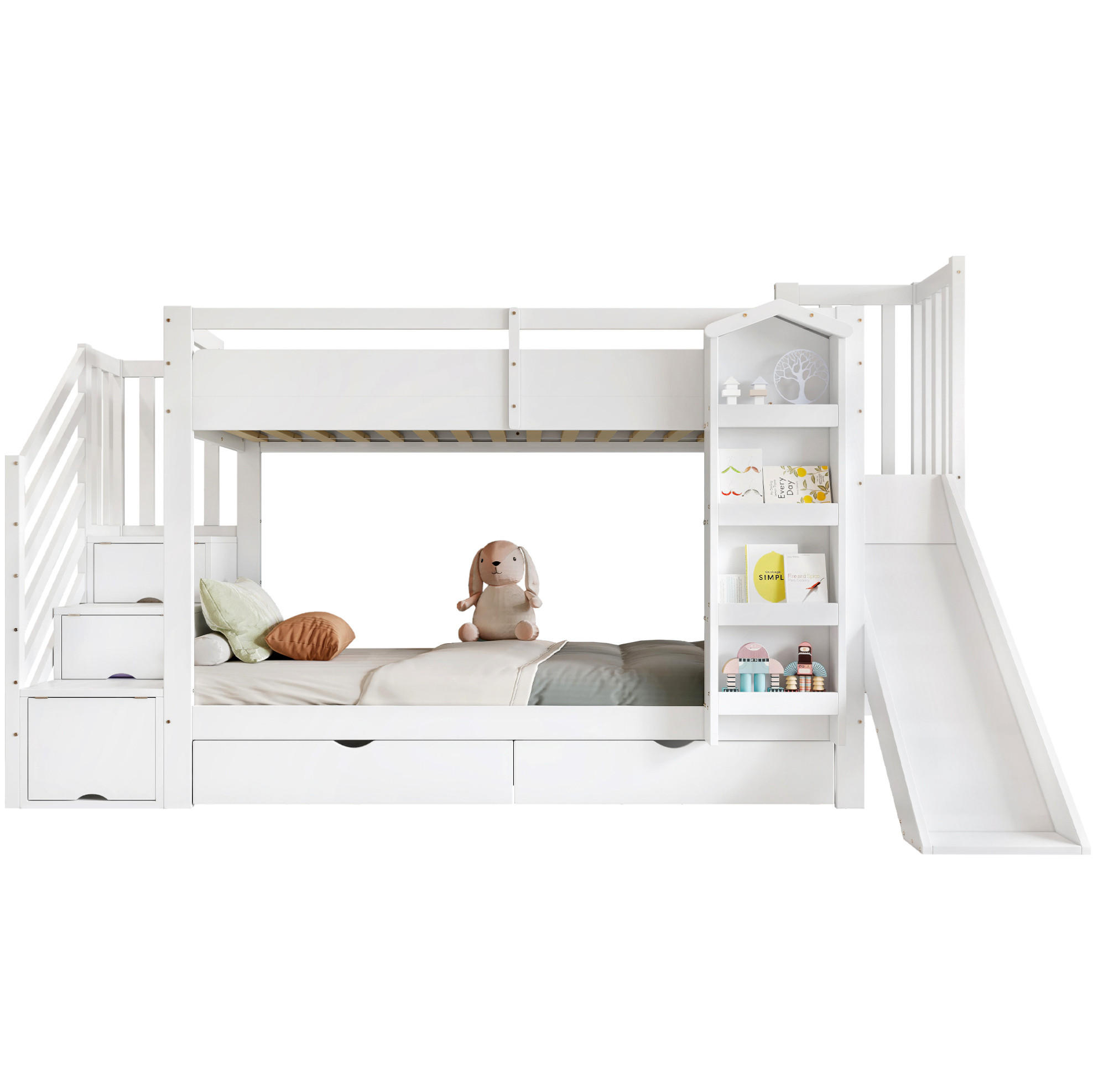 ETAGENBETT 90/200 cm weiß aus Kiefer und MDF mit Rutsche und Treppenregal - Weiß, Holz (90/200cm) - OKWISH
