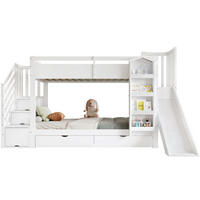 POSCHODOVÁ posteľ 90/200 cm biela so šmykľavkou, schodmi s úložným priestorom a zásuvkami z borovice a MDF - biela, drevo (90/200cm) - OKWISH