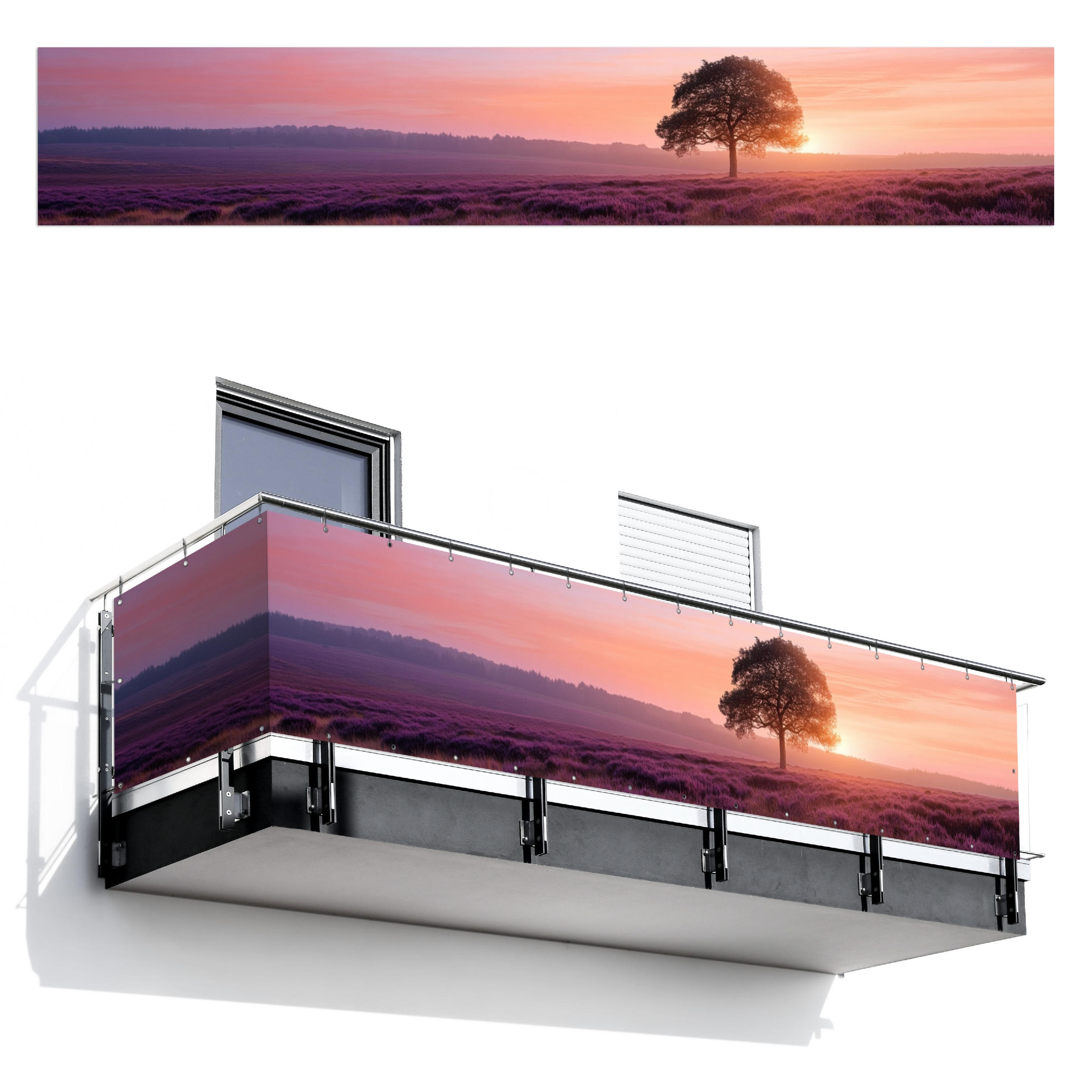 BALKON-SICHTSCHUTZ Baum - Heidekraut - Sonnenaufgang - Flieder, Kunststoff (500/85cm) - MuchoWow