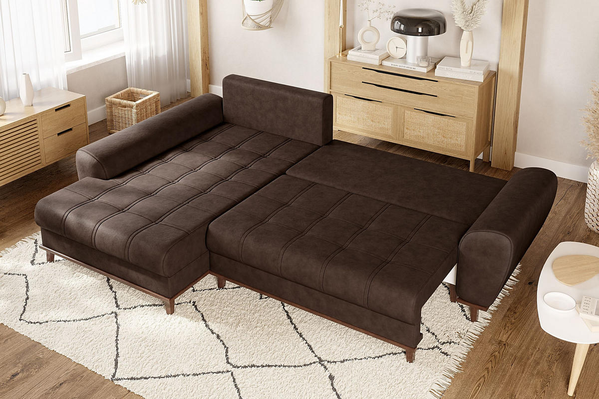ECKSOFA im Scandi-Stil, Schlaffunktion, Bettkasten B268/T175/H86 cm, Ottomane links, Liegefl. 128x209 cm, Mikrofaserstoff in Vintage Braun / 21018 - Eichefarben/Braun, Holz/Textil (268/175cm) - luma-home