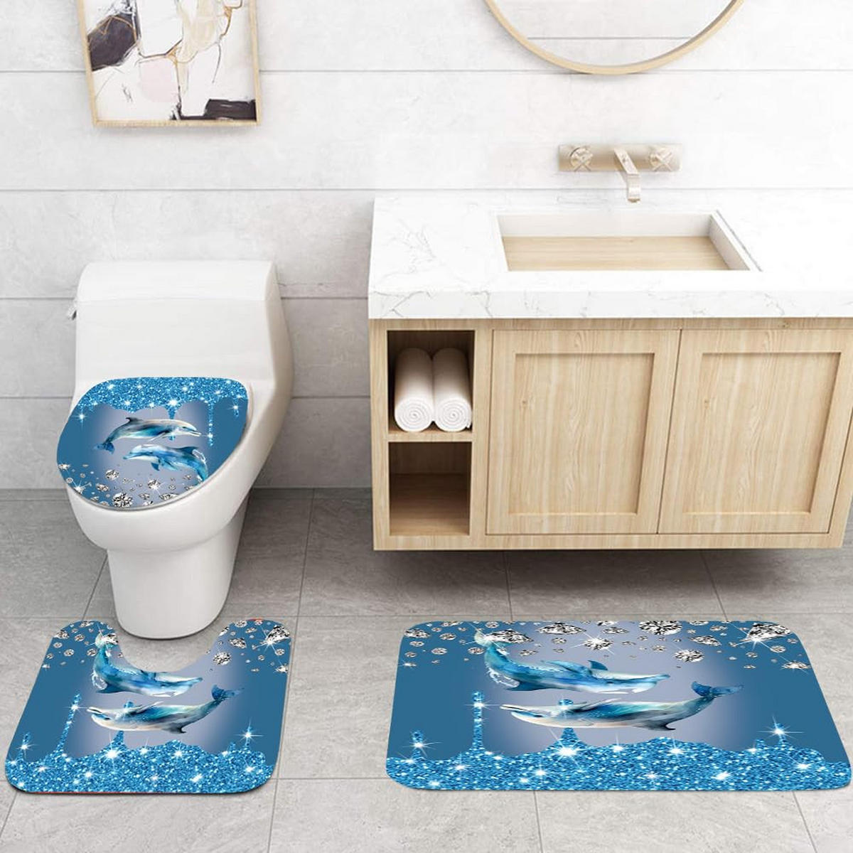 DUSCHVORHANG SET mit Matte Toilettendeckel und Badematte Haken maschinenwaschbar 180 x 180 cm - Blau, Textil (180/180cm) - MCBOSON