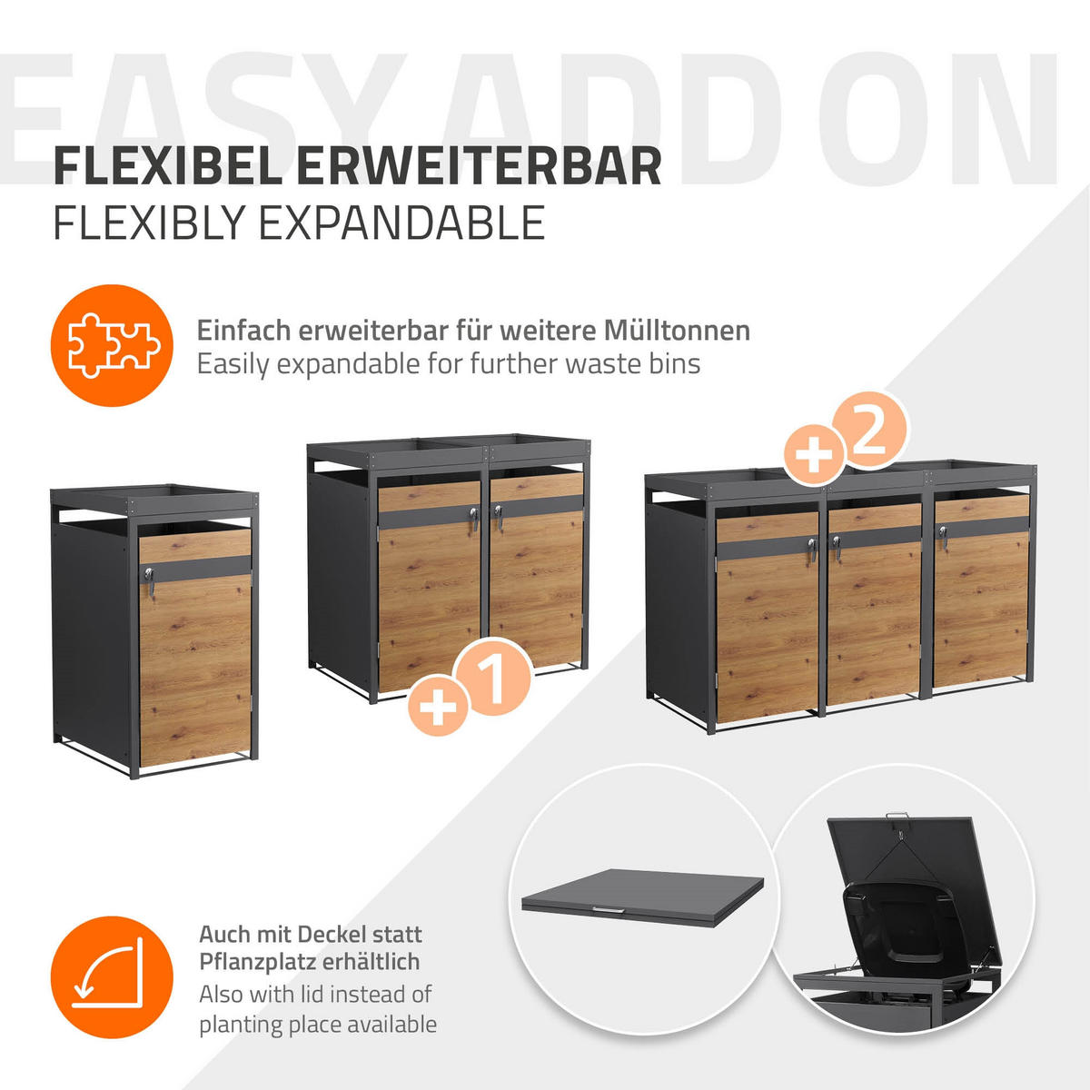 MÜLLTONNENBOX 1er mit Pflanzdach Anthrazit-Eichenoptik - Braun, Metall (68/124/80cm) - ML-DESIGN