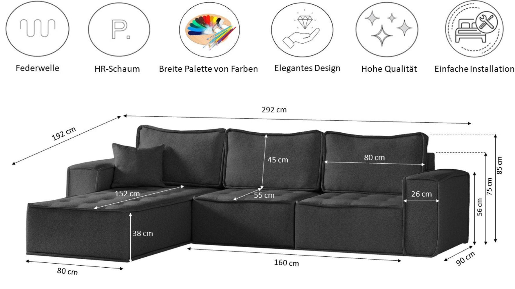 Thumbnail - Kaiser Möbel Ecksofa, Graphit, Holz, Füllung: Komfortschaum, L-Form, 292x192 cm, Wohnzimmer, Sofas & Couches, Wohnlandsc...