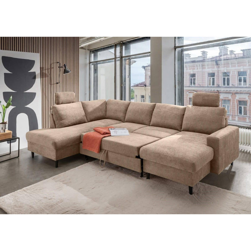 Thumbnail - myHomelando Wohnlandschaft, Hellbraun, Textil, 5-Sitzer, U-Form,Rechteckig, eckig, 305x88x200 cm, Wohnzimmer, Sofas & Co...