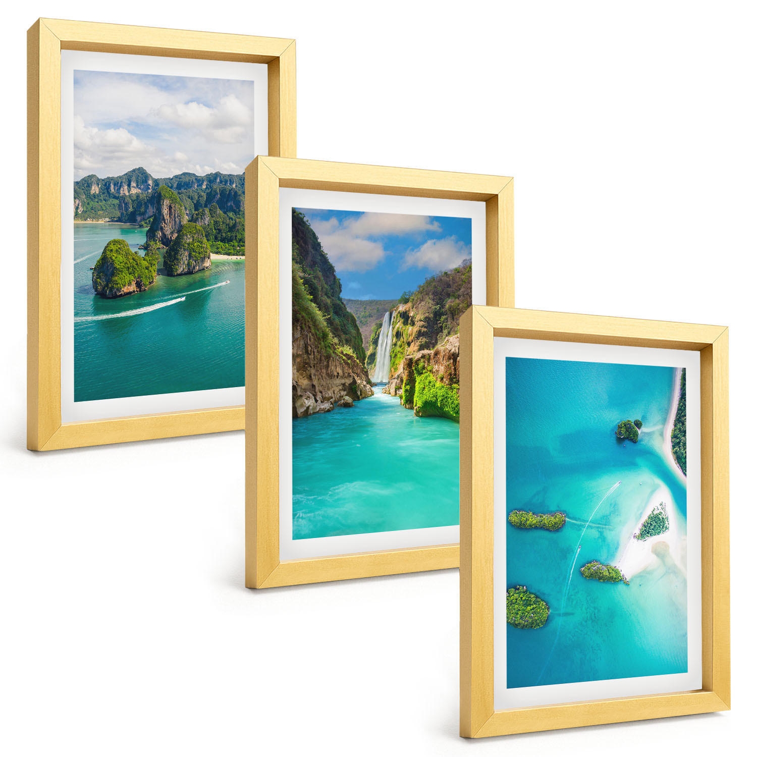 BILDER SET 3er Set - 20x30 cm Goldrahmen - Tropische Inseln, türkisfarbenes Wasser - Goldfarben, Kunststoff (20/30cm) - TULUP