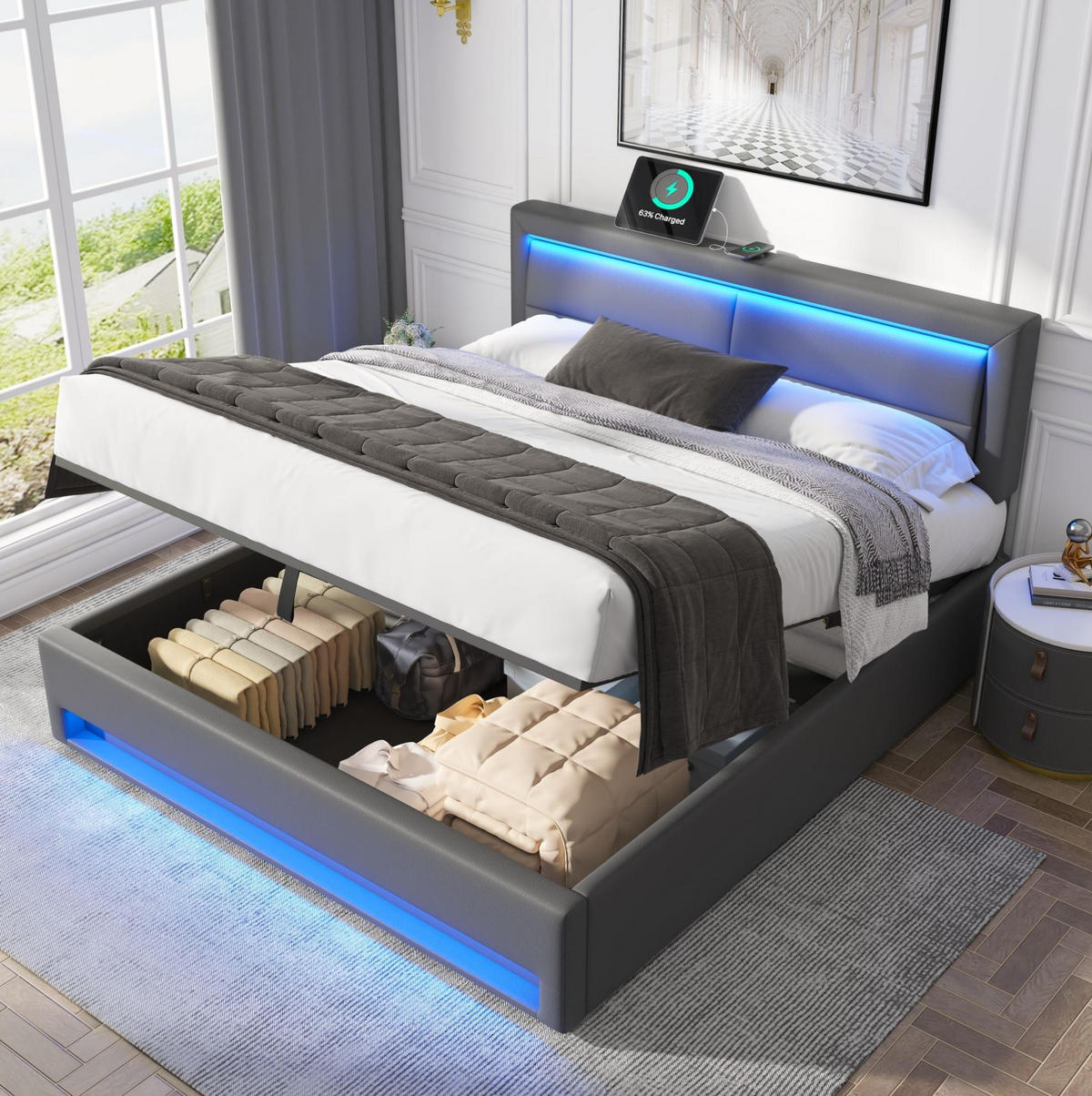 POLSTERBETT 140/200 cm mit Bettkasten, USB & LED-Beleuchtung, PU-Bezug Grau - Grau, Kunststoff (140/200cm) - Redom