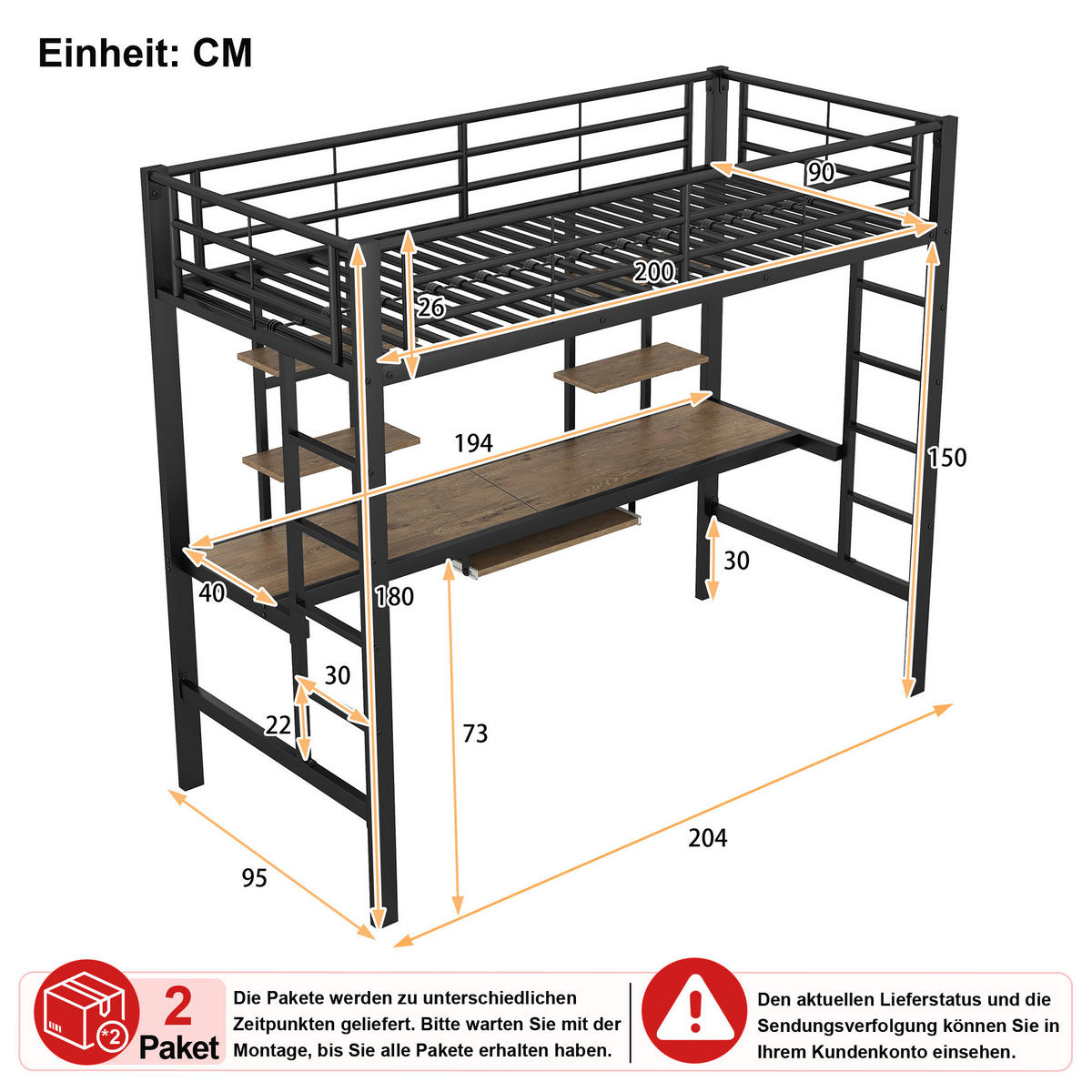 HOCHBETT 90/200 cm in Schwarz mit Schreibtisch und 2 Regalen - Schwarz, Holzwerkstoff/Metall (90/200cm) - CHICFURN