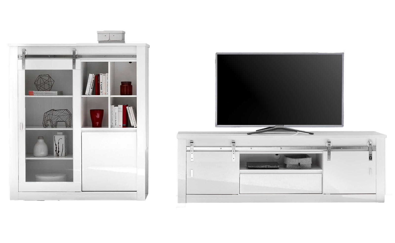 WOHNWAND weiß Hochglanz 2-teilig, Wohnkombination mit Soft-Close - Chromfarben/Weiß Hochglanz, Glas/Holzwerkstoff (349/153/43cm) - Furn.Design