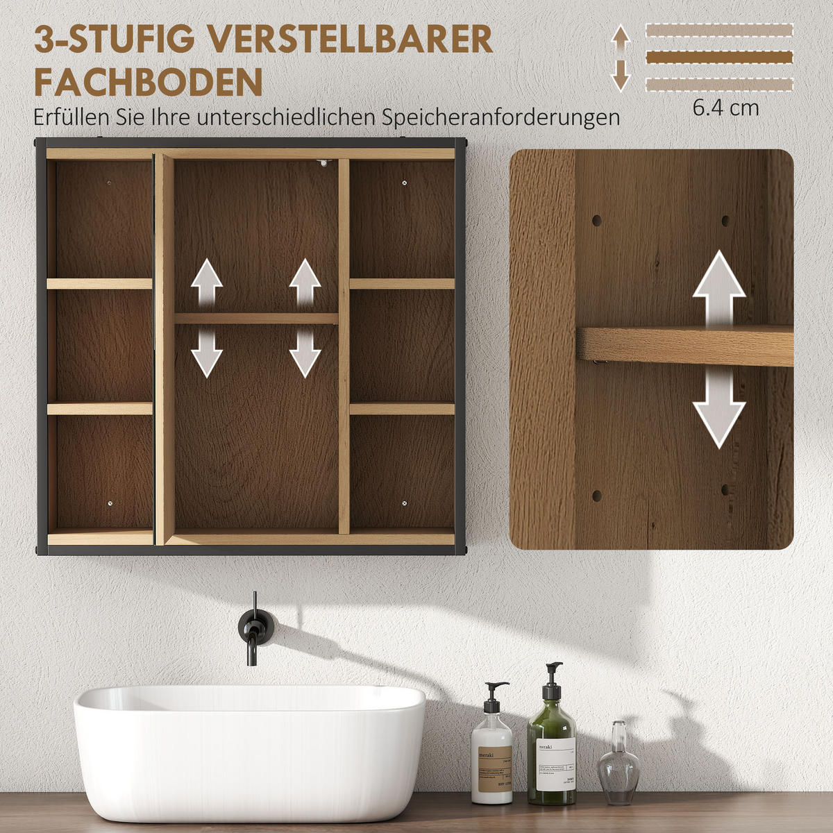 SPIEGELSCHRANK Industrieller Badezimmerschrank mit Spiegel offenen Fächern Regal - Eichefarben, Holzwerkstoff (16/58.5/60cm) - HOMCOM
