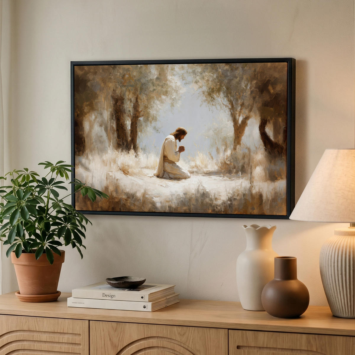 LEINWAND Bilder mit Rahmen - Jesus - Kniend - Waldlandschaft - Betend - 60x40 - Beige, Textil (60/40cm) - MuchoWow