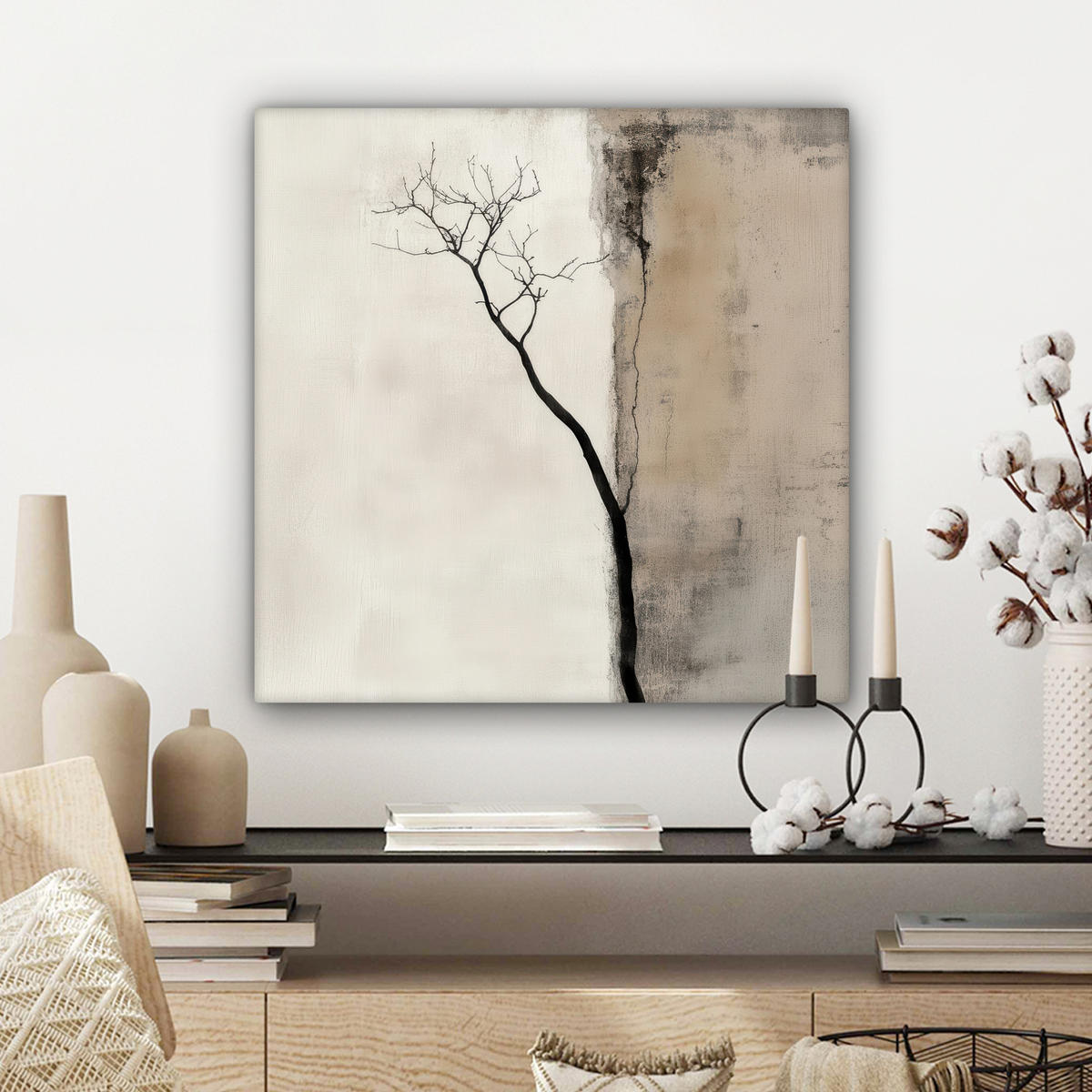 LEINWANDBILD Wabi sabi - Pflanze - Beige Wandbild Wohnzimmer 50x50 cm - Taupe, Textil (50/50cm) - MuchoWow