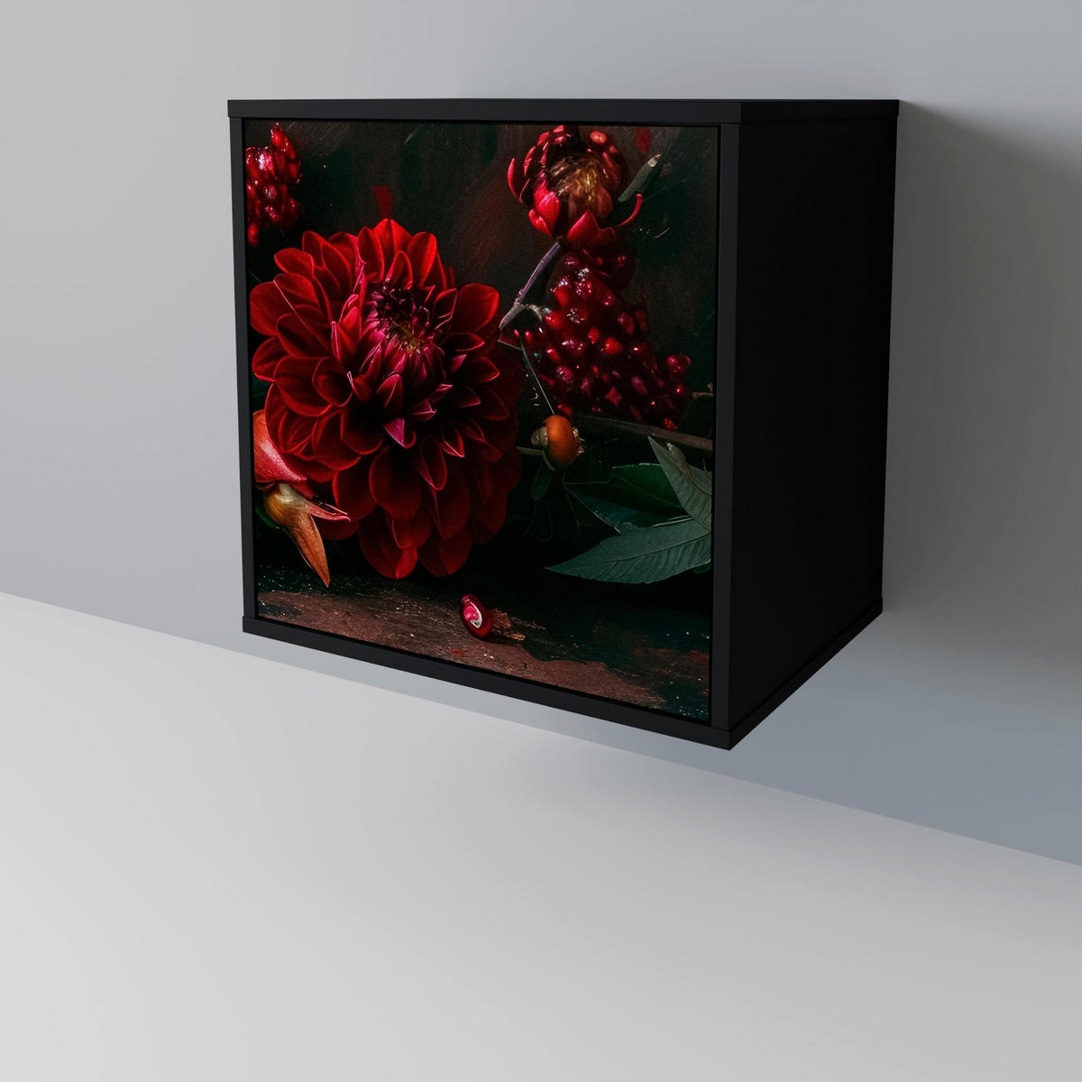 SIDEBOARD DAHLIAS AND POMEGRANATES, Schwarz, 57,5x42x67,5 cm, Schwarze Metall-Rahmenfüße - Multicolor/Schwarz, Holzwerkstoff/Metall (57.5/67.5/42cm) - SpaceRebels