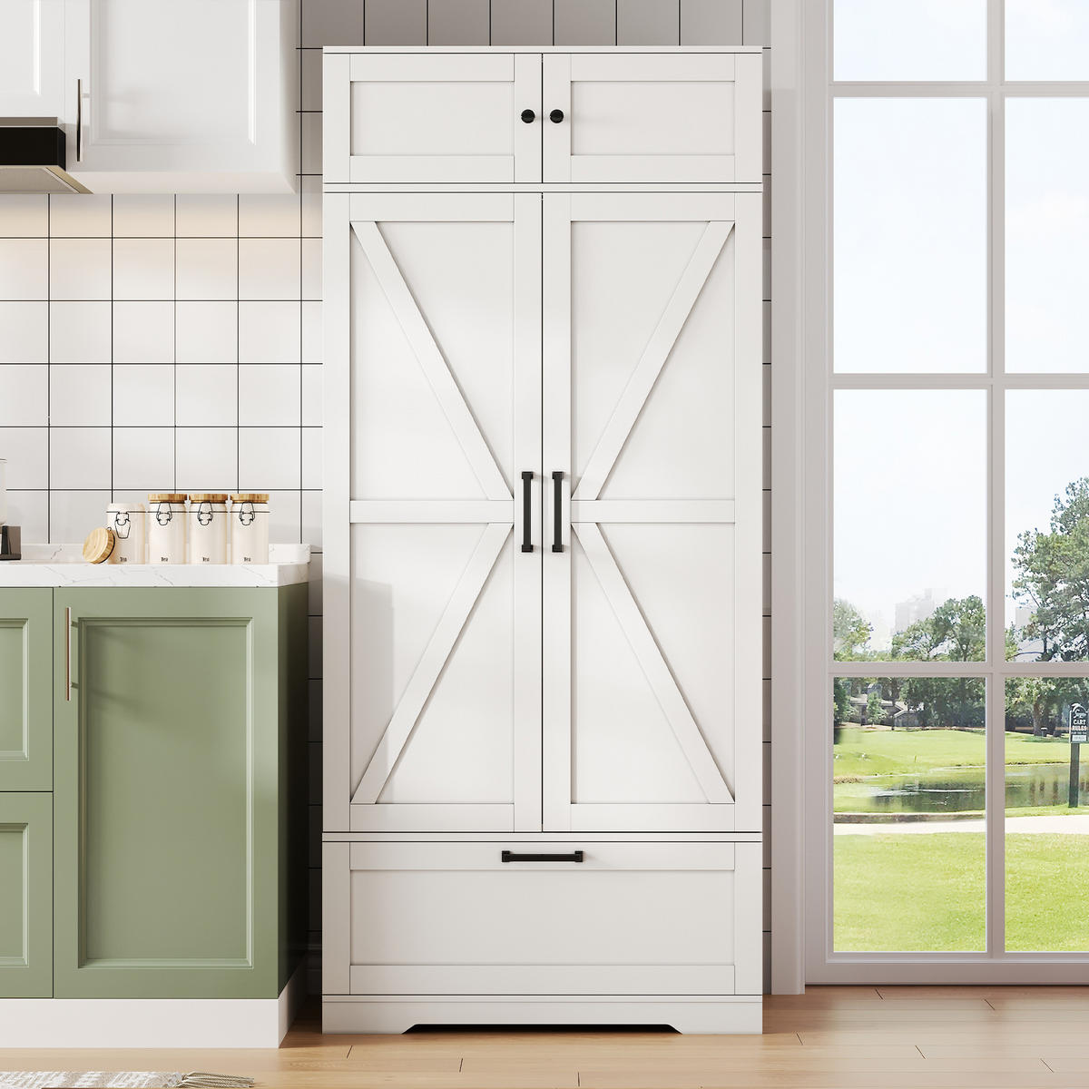 BUFFET Küchenschrank 180 cm freistehend mit Weinregal Schublade verstellbare Böden rustikal modern - Weiß, Holzwerkstoff (80/180/40cm) - EVRYAE
