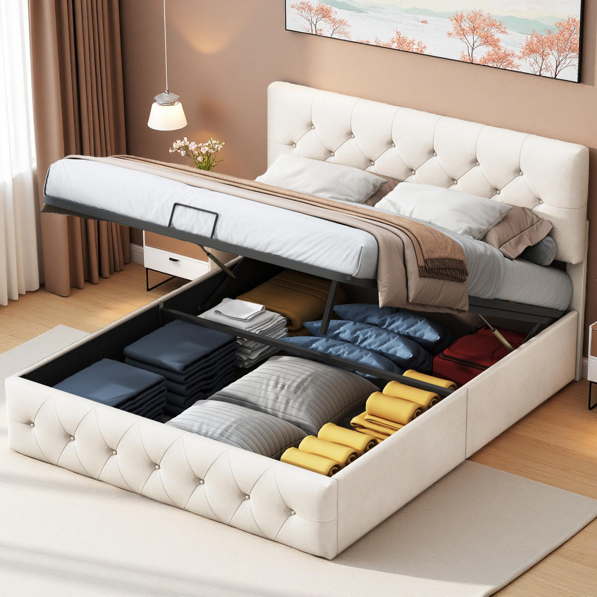 POLSTERBETT 140/200 cm Beige mit Bettkasten und Kopfteil - Beige, Holz (140/200cm) - SHOPENTRA