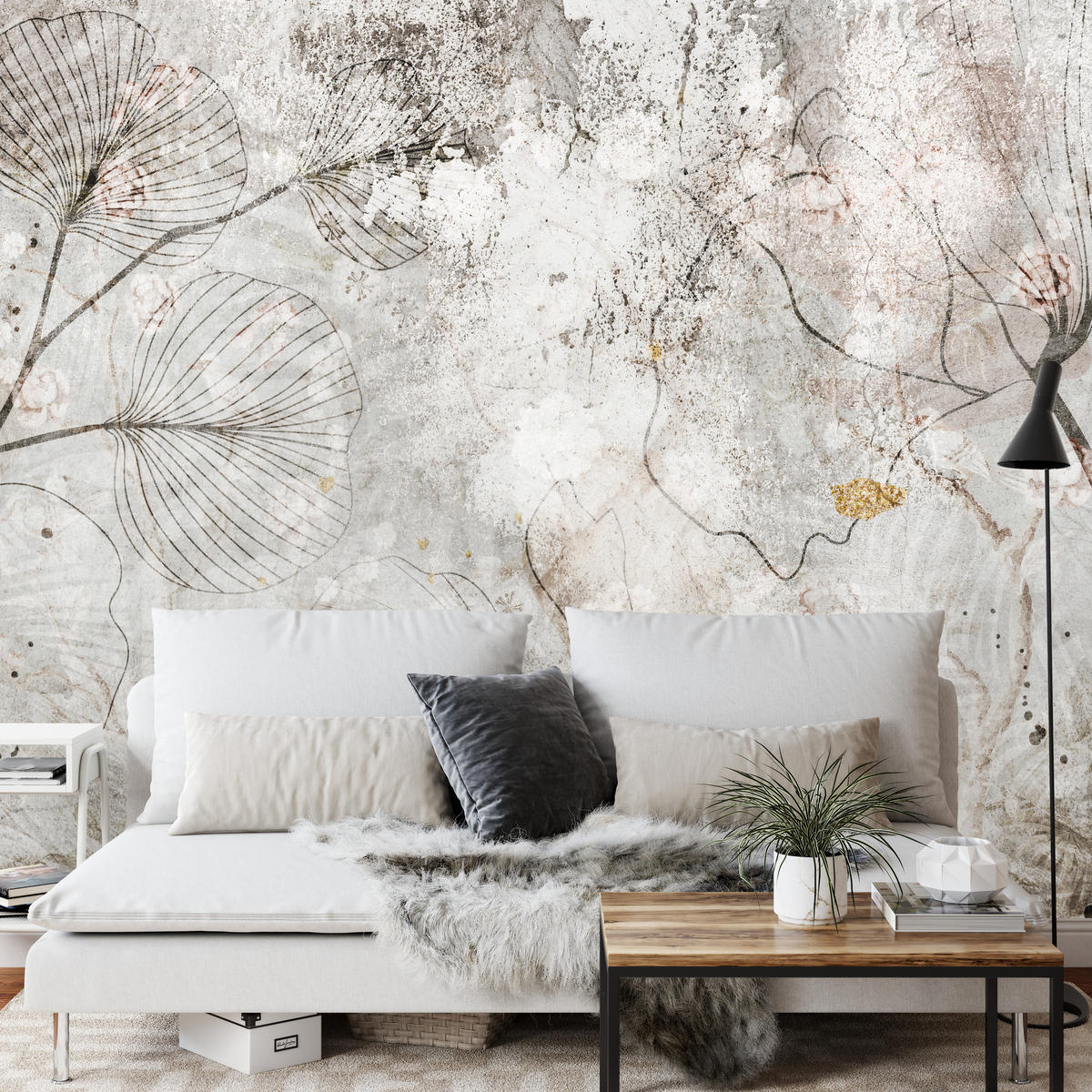 FOTOTAPETE für Wohnzimmer Vintage Blätter Blumen Beton Abstrakt 450x315 - Gelb/Orange, Papier (450/315cm) - Muralo