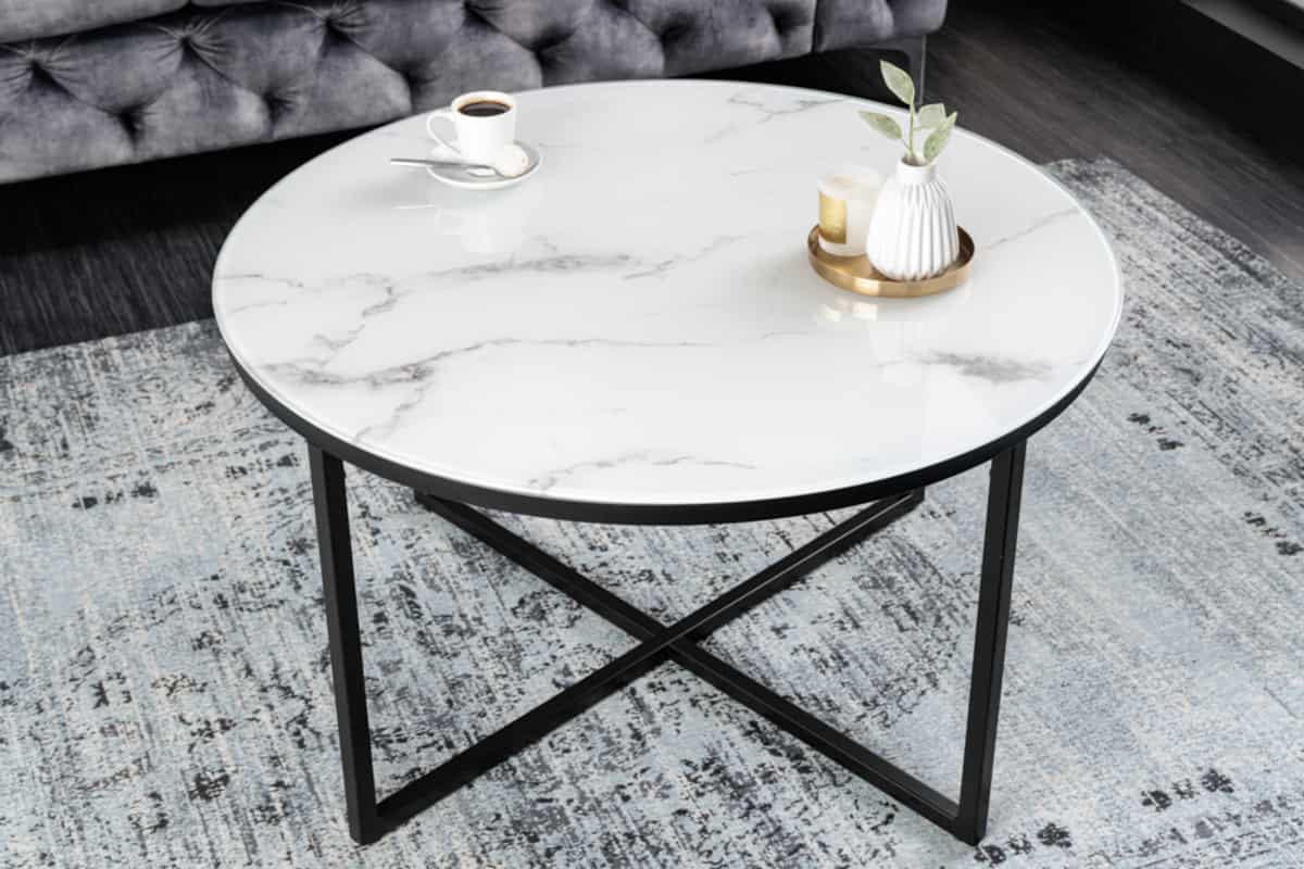 COUCHTISCH BOUTIQUE Marmor rund Weiß 80cm - Schwarz/Weiß, Glas/Metall (80/80/45cm) - riess-ambiente