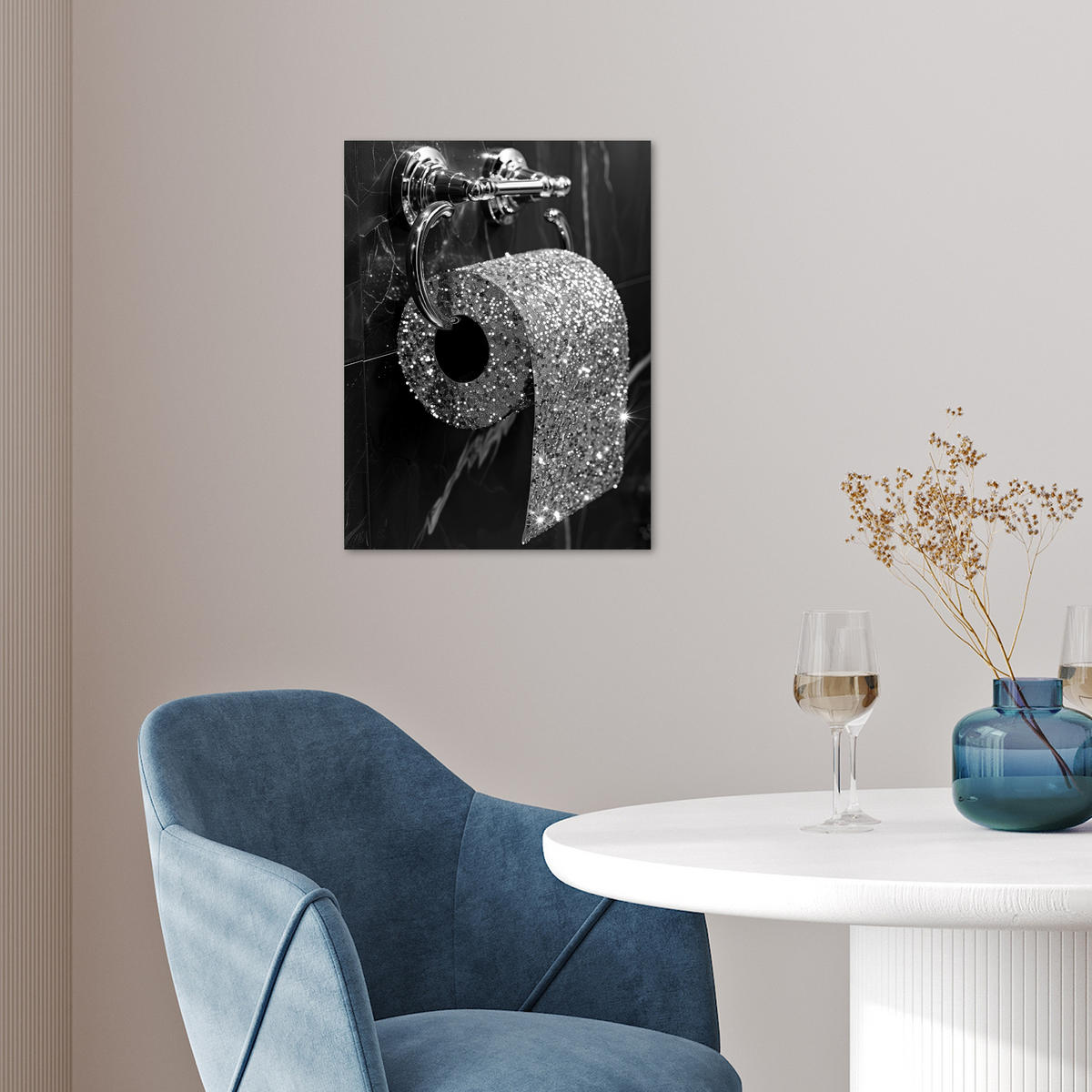 POSTER WC - Toilettenpapier - Schwarz und weiß - Glitter 30x40 cm - Silberfarben, Papier (30/40/0.1cm) - MuchoWow