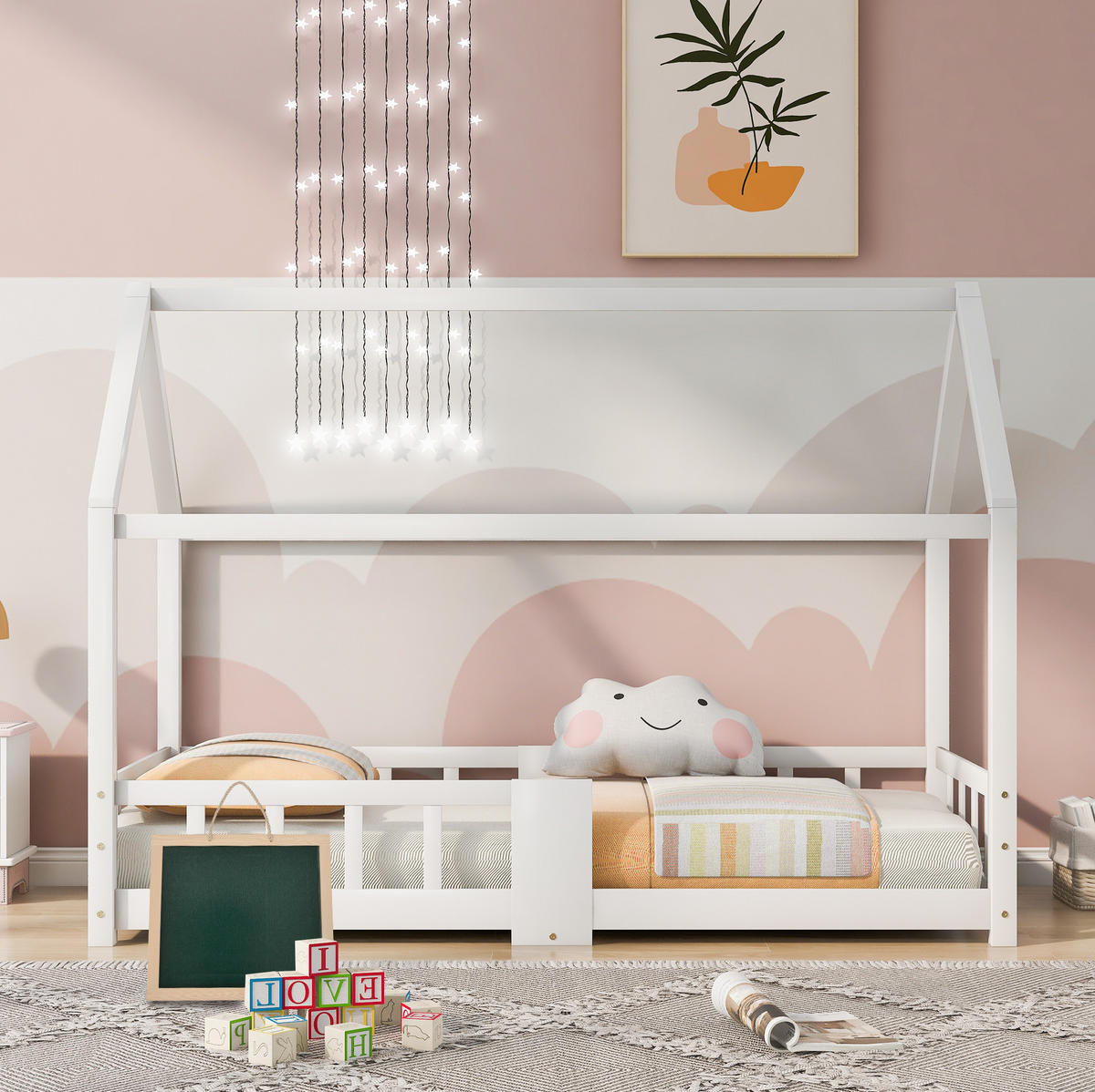 HAUSBETT 90/200 cm aus Kiefernholz mit Tafel und Rausfallschutz - Weiß, Holz (90/200cm) - OKWISH