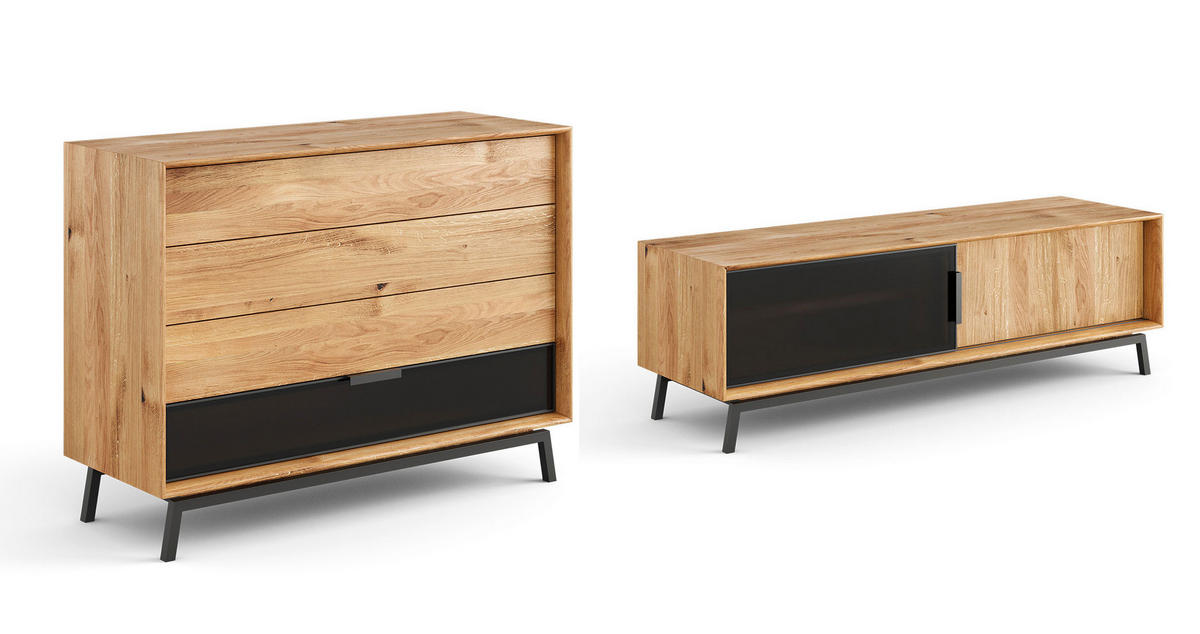 WOHNWAND 2er-Set Modern Loft Eiche Natur 321 / 50 / 90cm - Eichefarben/Schwarz, Holz/Metall (321/90/50cm) - Feldmann-Wohnen