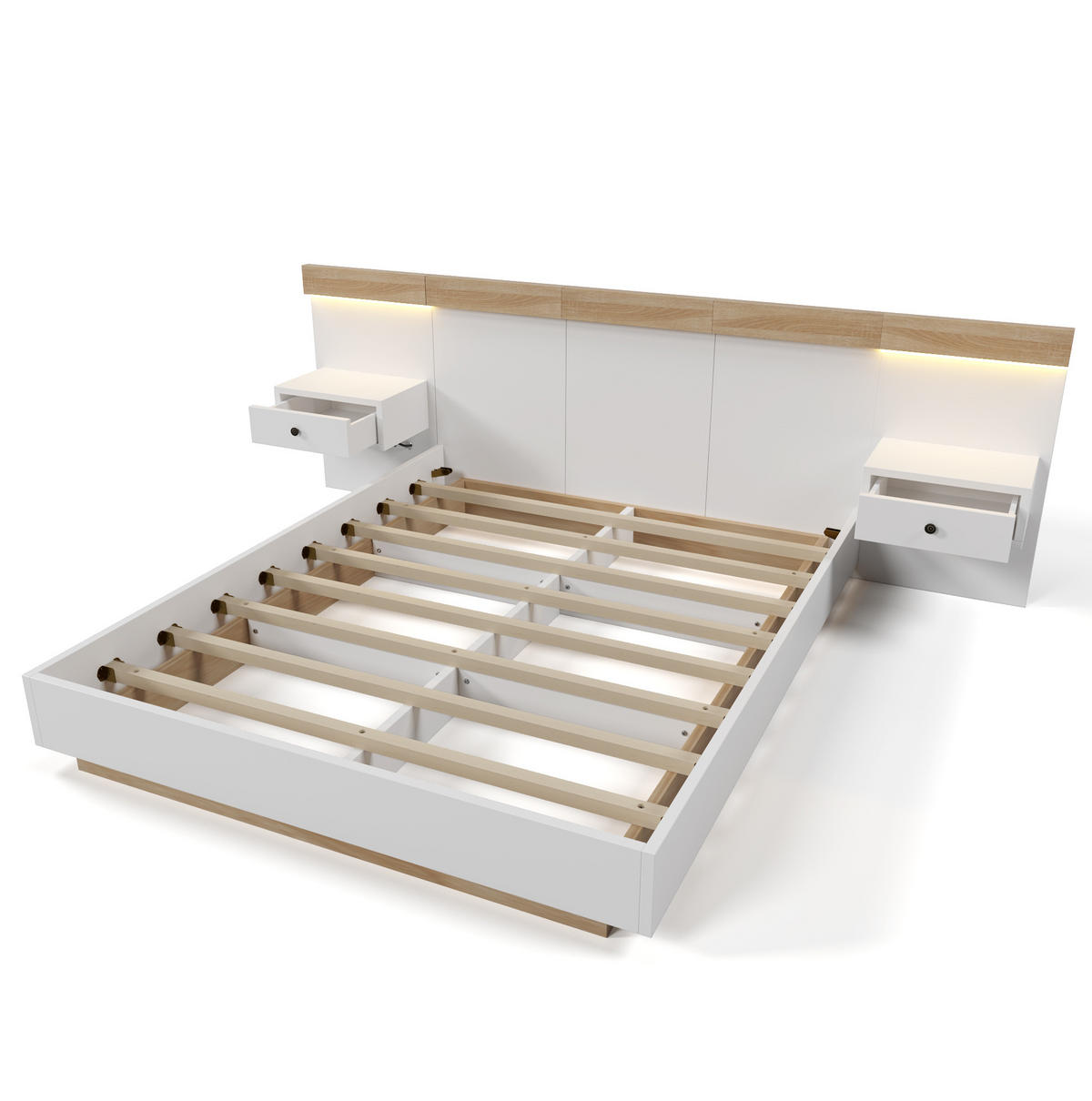 BETT 160/200 cm mit 2 LED-Nachtkommoden, USB/Typ-C und Steckdose, Schwebeoptik, Weiß/Sonoma-Eiche - Weiß, Holzwerkstoff (160/200cm) - Redom