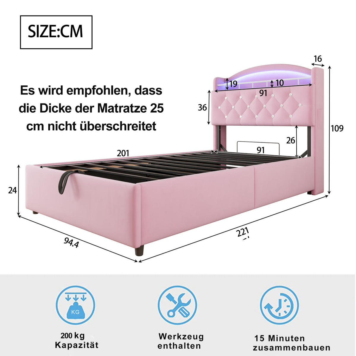 KINDERBETT mit Stauraum 90x200 cm Samt Rosa mit LED und USB - Pink, Metall (90/200cm) - Meubliv