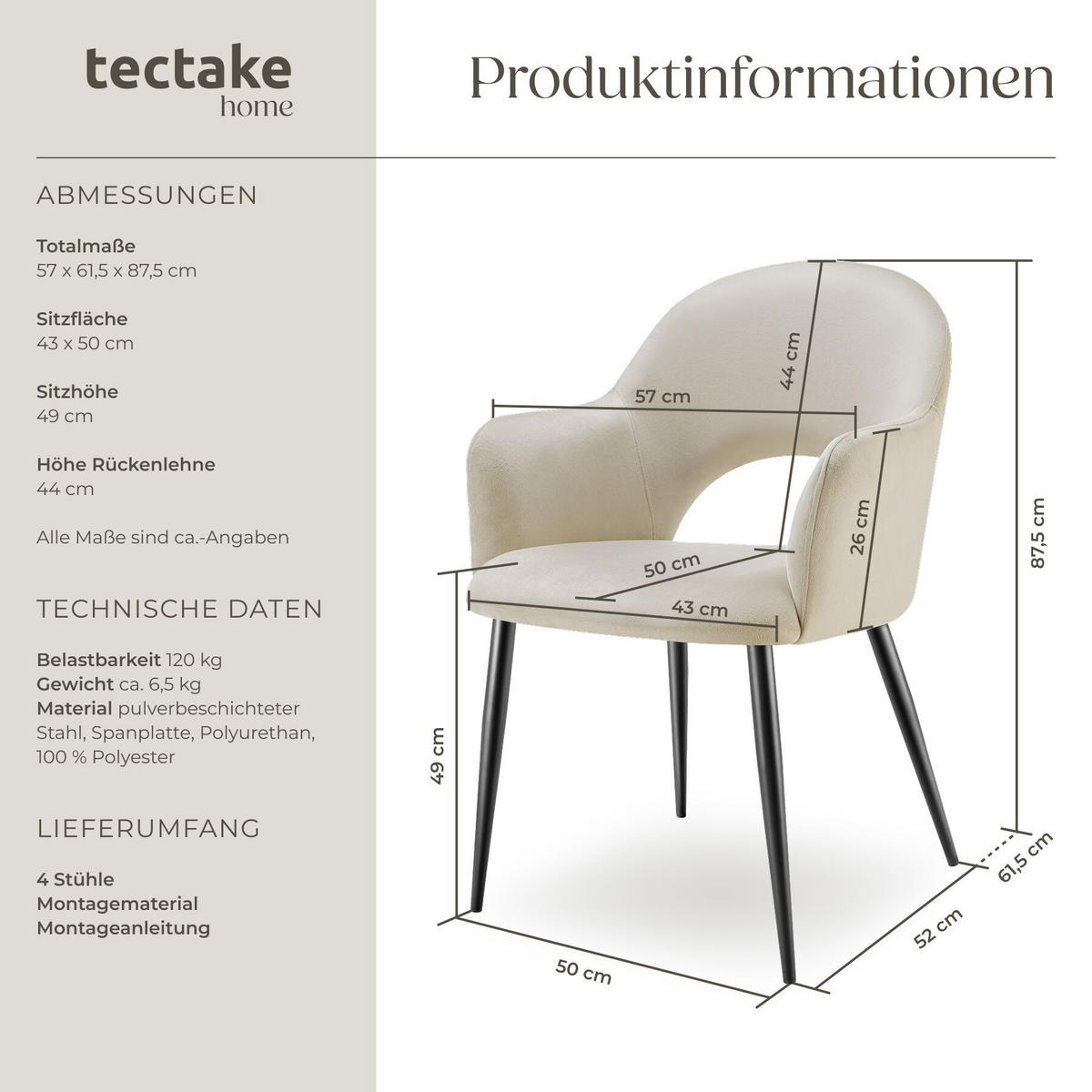 ARMLEHNSTUHL Sachel, 57 x 61,5 x 87,5 cm, creme - Creme, Kunststoff (57/87.5/61.5cm) - tectake