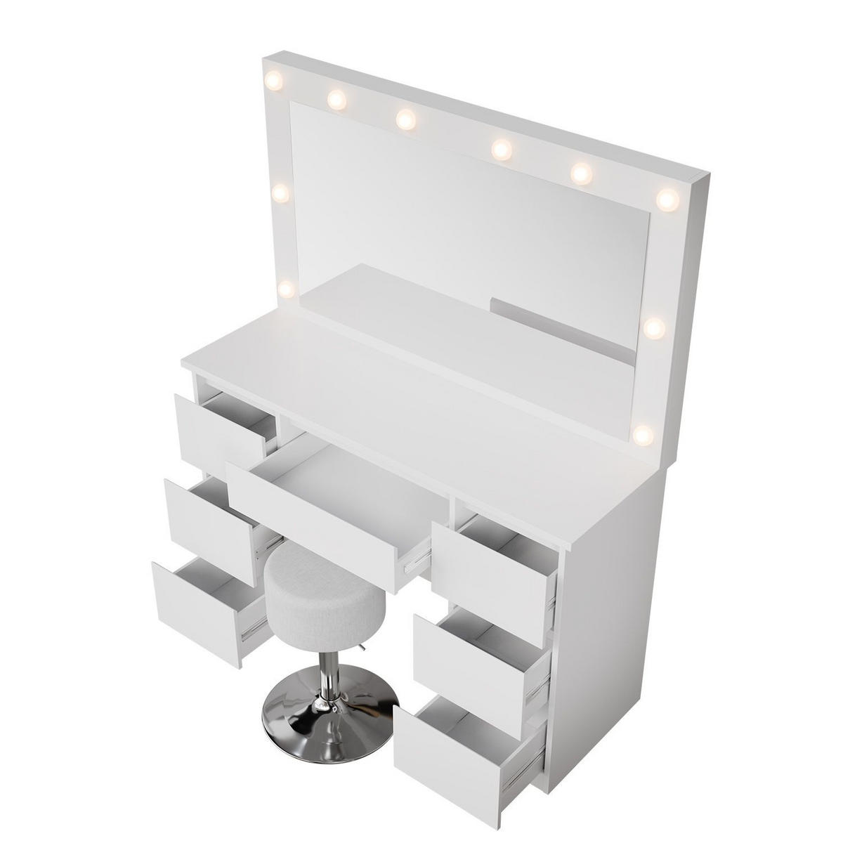 SCHMINKTISCH Lilia weiß mit LED-Beleuchtung und Hocker Tonia - Weiß, Holz (108/140/41cm) - Juskys
