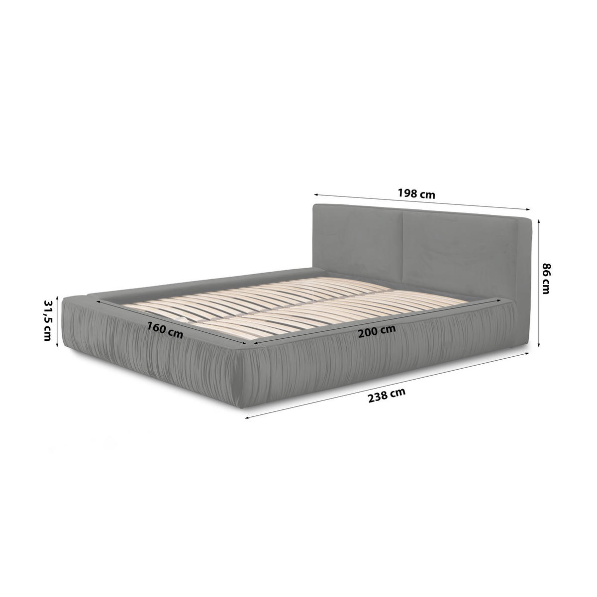 POLSTERBETT aus Polyester Fonni 160x200 cm, Graphit - Graphitfarben, Textil (160/200cm) - Fedve