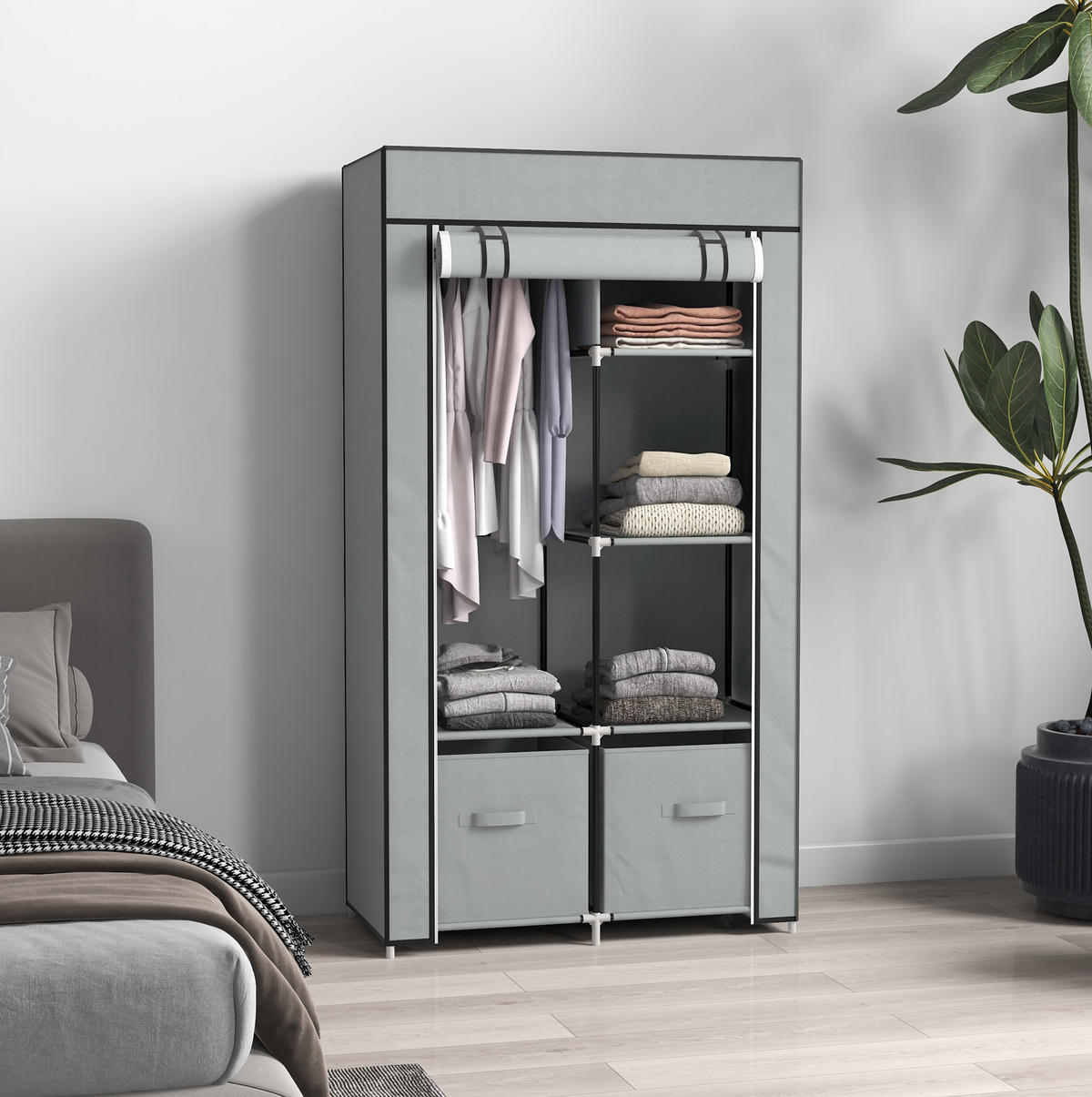 KLEIDERSCHRANK aus Stahl und Vliesstoff 83x42,5x162,5 cm Hellgrau mit Kleiderstange, 5 Fächern und Reißverschlusstür - Hellgrau, Metall (83/162.5/42.5cm) - Modfu