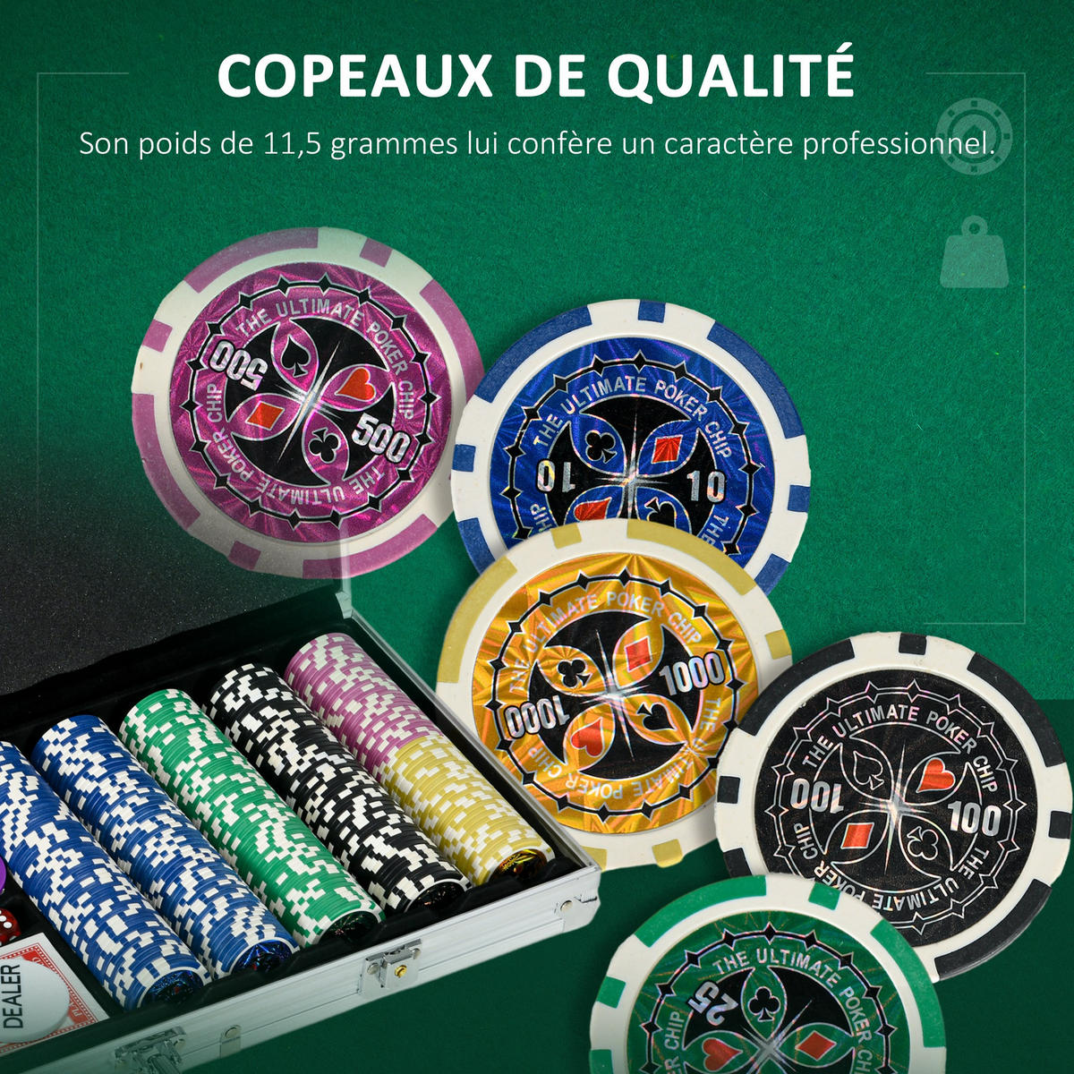 POKERKASETTE DE-18662 500 Jetons, 5 Würfel, 2 Kartendecks - Silberfarben, Metall (23.5/56cm) - ComfortXL