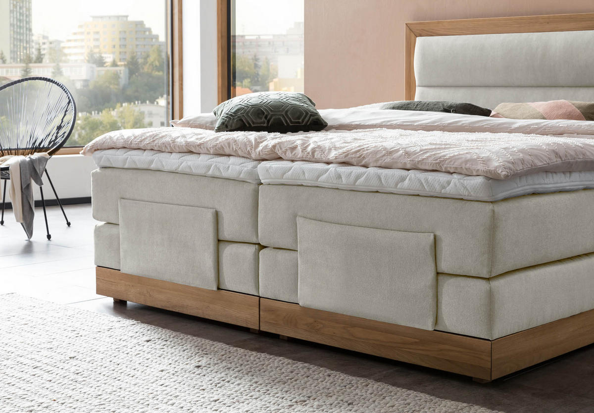 BOXSPRINGBETT ELEKTRISCH VERSTELLBAR MODELA 180x200 Beige H2 und H3 Motorbett in Eiche mit 7-Zonen Taschenfederkern Matratze inkl. Visco Topper - Beige, Textil (180/200cm) - Belanoti