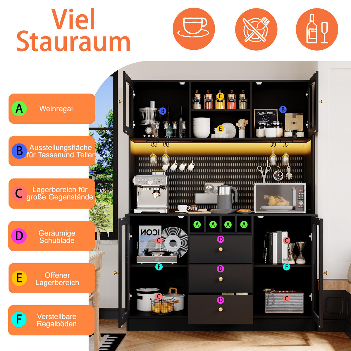 BUFFET 140/40/185,7 cm schwarz aus MDF und Glas mit LED-Beleuchtung - Schwarz, Holzwerkstoff (140/185.7/40cm) - OKWISH