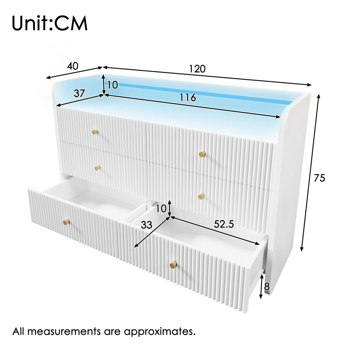 SIDEBOARD 120/40/75 cm Weiß aus Metall und Spanplatte mit LED-Beleuchtung - Weiß, Holzwerkstoff (40/75/120cm) - OKMYHOME