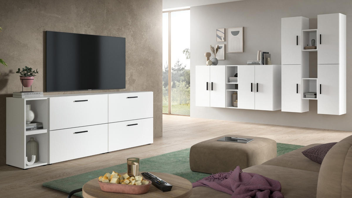 WOHNWAND weiß 256 x 178 cm, Schrankwand mit Soft-Close - Schwarz/Weiß, Holzwerkstoff/Kunststoff (256/151/34cm) - Inn.Furn