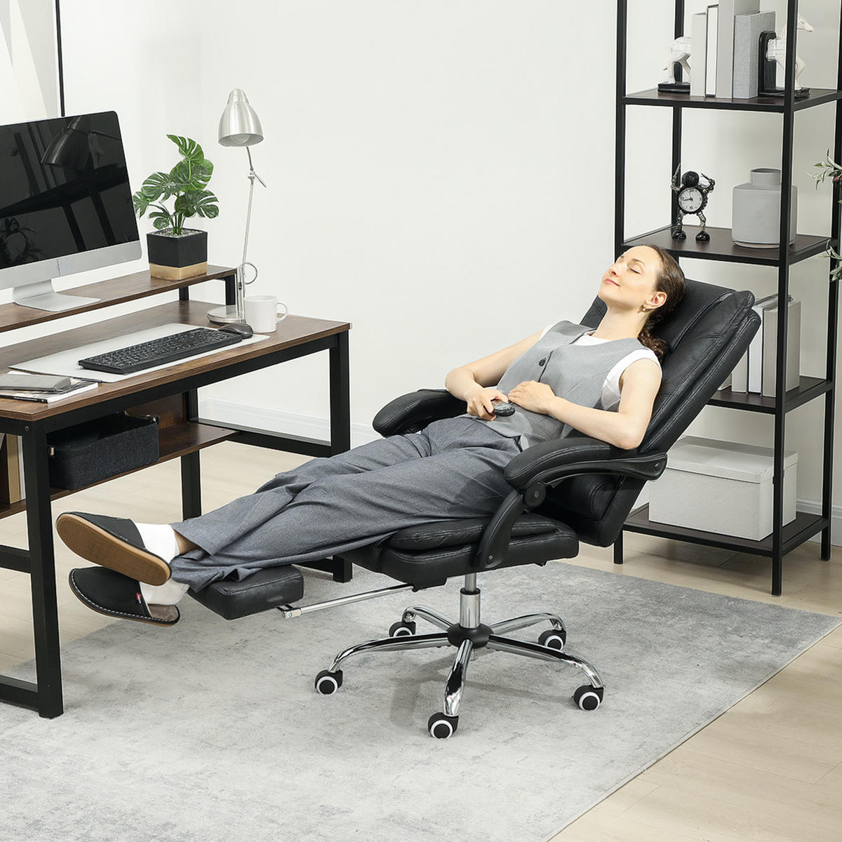 MASSAGE-BÜROSTUHL, Schreibtischstuhl mit Heizfunktion, Fußstütze, Schwarz - Schwarz, Kunststoff (70/118/64cm) - Vinsetto