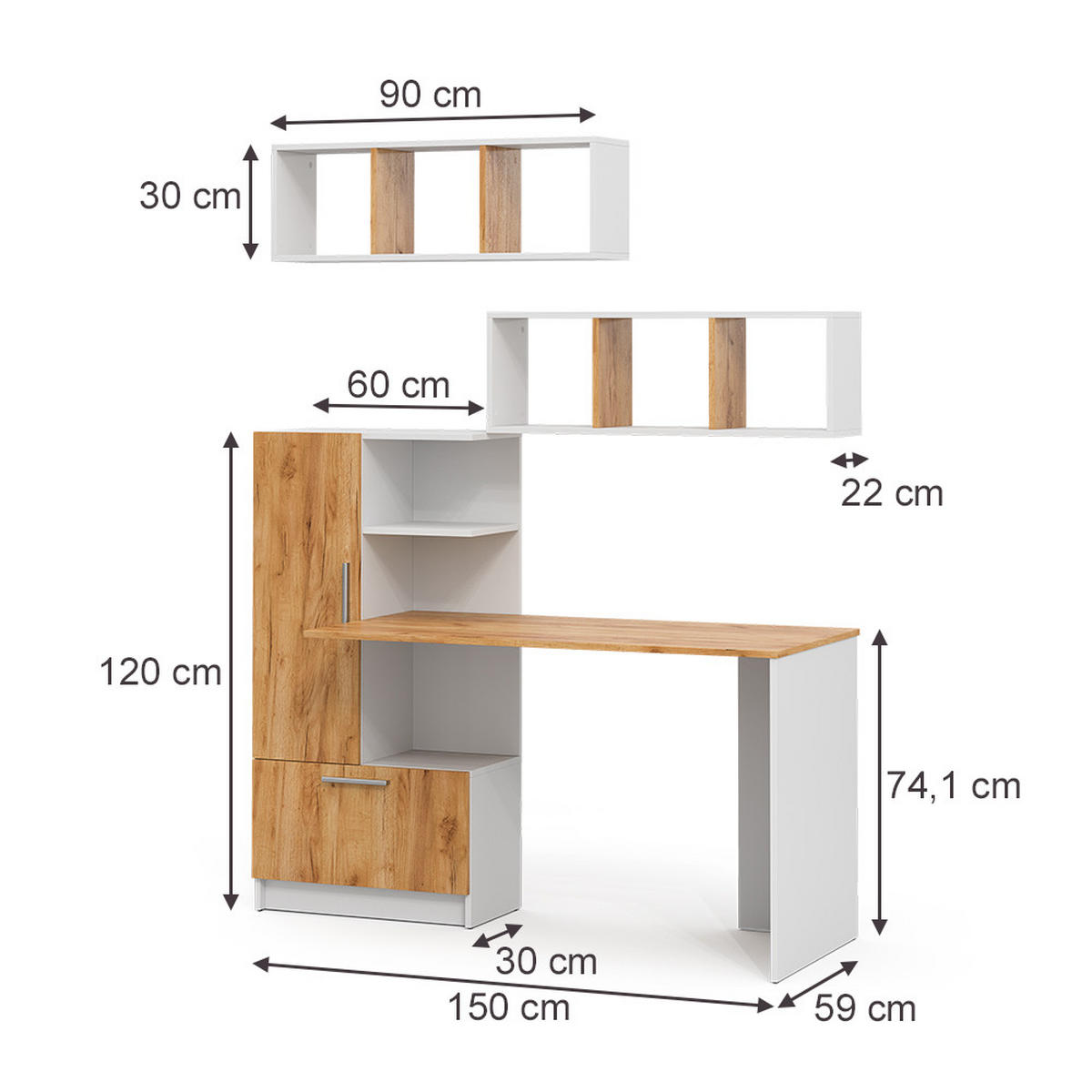 SADA PÍSACIEHO STOLA Tomy, biely/Dub Goldkraft, 150 x 59 cm Sada 3 kusov ako 2 police + stôl - biela/dub medový, kompozitné drevo (59/150/120cm) - Vicco