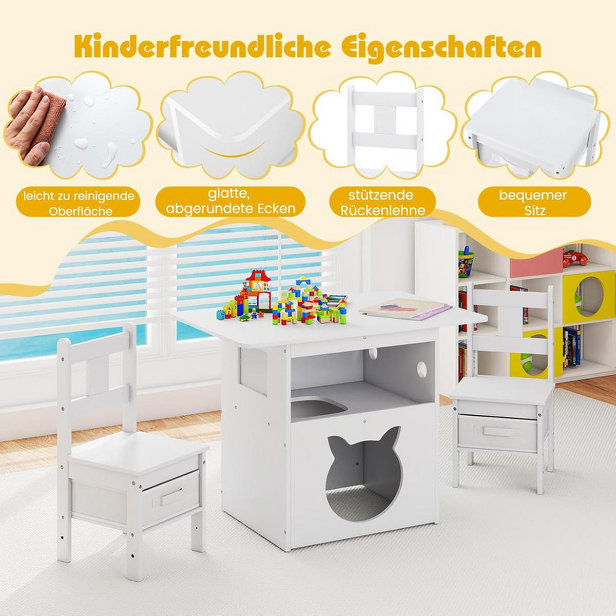 KINDERTISCH mit stuhl weiß(3-tlg) - Weiß, Holzwerkstoff (80/59/52cm) - COSTWAY
