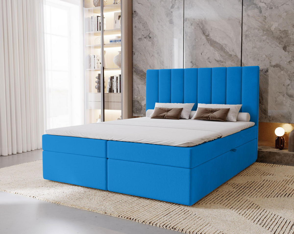 BOXBETT Nero mit 2 Bettkästen, 120x200, Hellblau, Velourstoff, Doppelbett mit Bonell-Matratze - Hellblau, Holz/Kunststoff (120/200cm) - Marpur