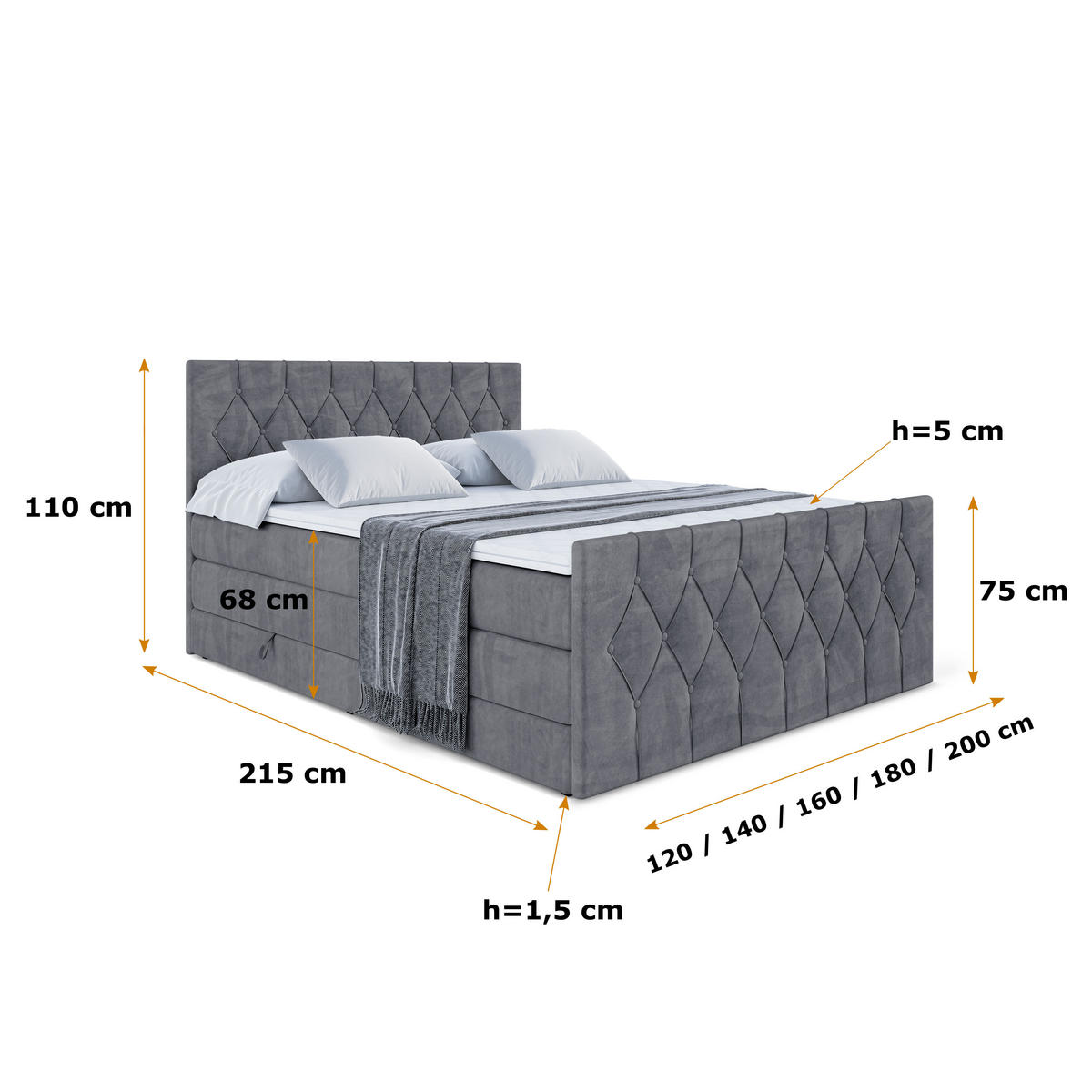 BOXSPRINGBETT VELANTO-Z KING - 120 x 200 - H3/H4 - Dunkelgrau - Dunkelgrau, Holzwerkstoff (120/200cm) - ALTDECOR
