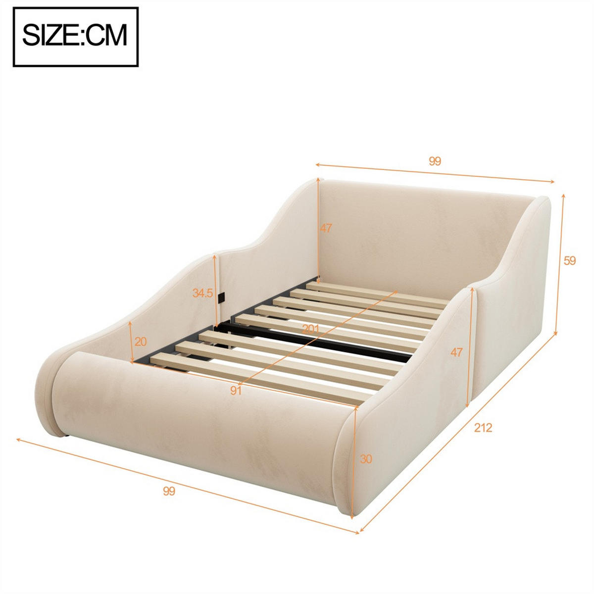 POLSTERBETT 90x200 cm mit hohem Kopfteil und Seitenschutzgittern - Samtstoff - ohne Matratze - Beige - Beige, Textil (90/200cm) - DELFA
