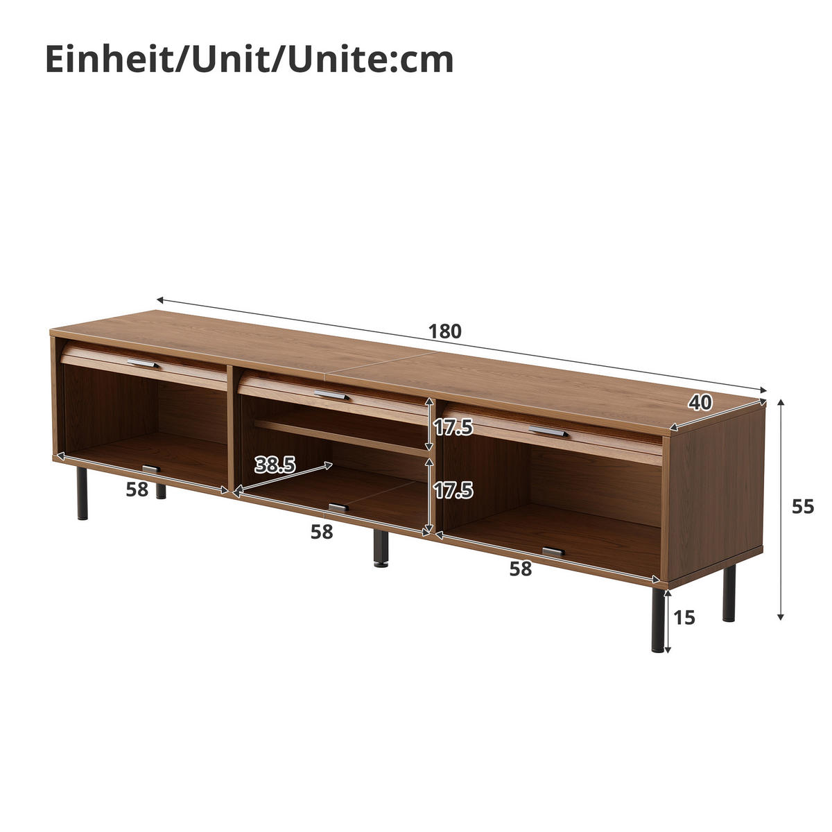 TV-LOWBOARD 180 x 40 x 55 cm aus MDF, 3 Schiebetüren, schwarze Metallfüße, Walnuss - Walnussfarben, Holzwerkstoff (180/55/40cm)