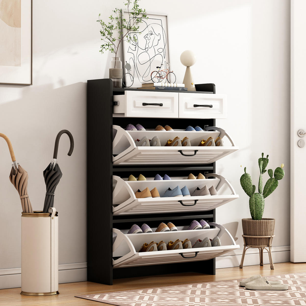 SCHUHSCHRANK 80/23,5/131 cm mit 3 Klappen und 2 Schubladen in Weiß - Weiß, Holzwerkstoff (80/131/23.5cm) - BEAOK