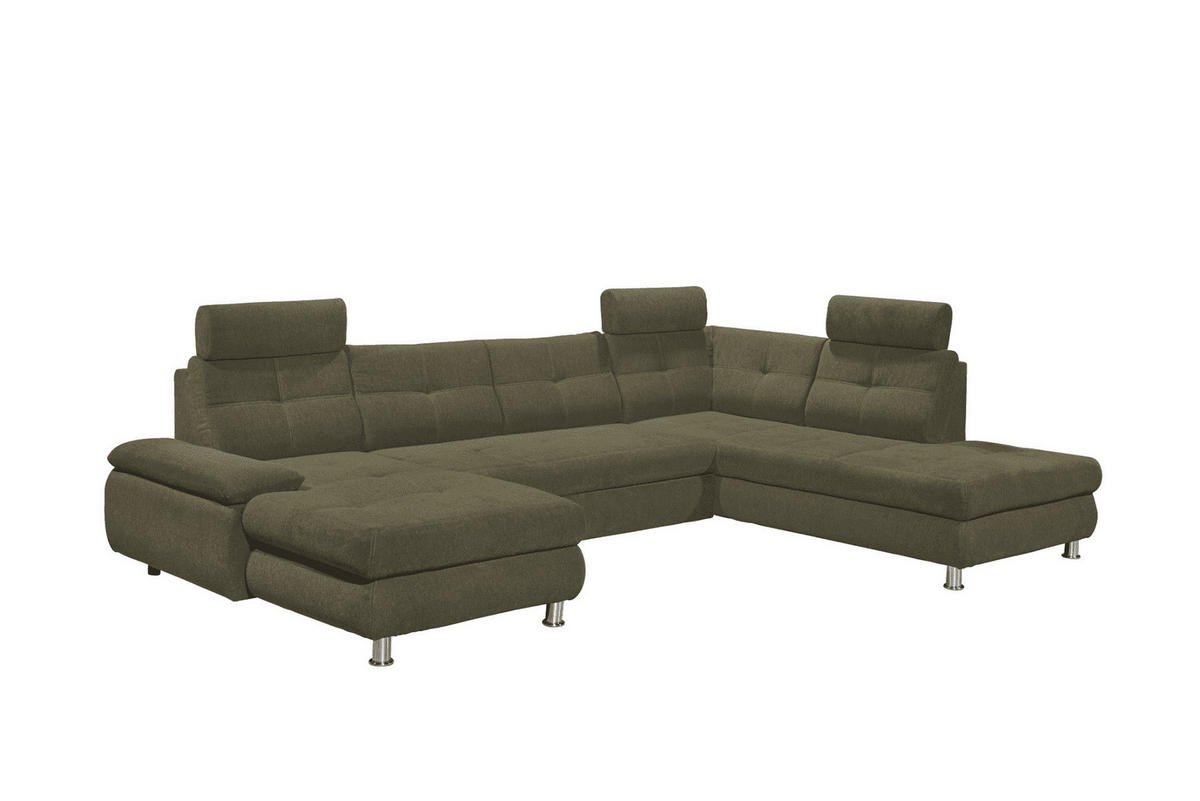 WOHNLANDSCHAFT mit Schlaffunktion, Bettkasten und verstellbaren Arm- und Kopflehnen - Chromfarben/Grün, Textil/Metall (233/88/349cm) - ed exciting design