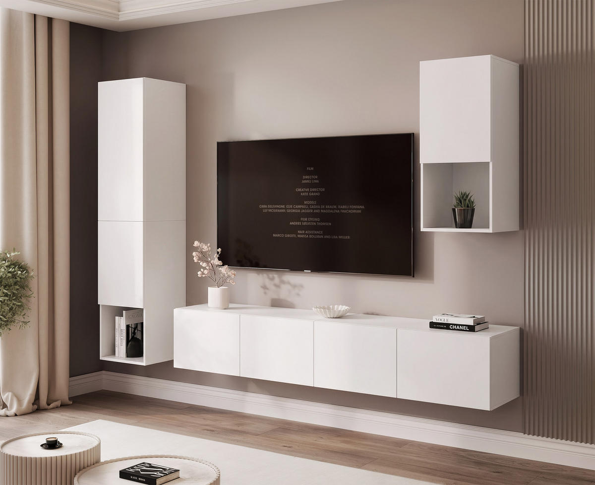WOHNWAND ANGEL LINE III 3-teilig, mit LED-Beleuchtung, Weiß matt - Weiß, Holzwerkstoff (240/216/40cm) - Idohome