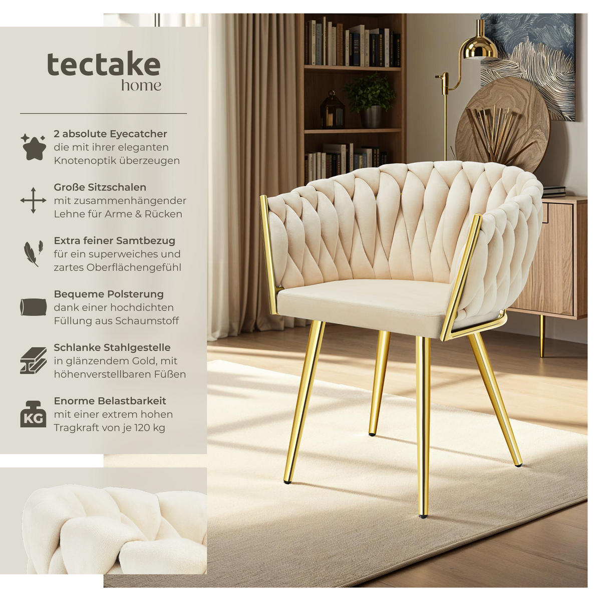 ESSZIMMERSTUHL 2er Set Astano,60,5 x 55 x 75 cm,sandfarben/gold - Sandfarben/Goldfarben, Textil (60.5/75/55cm) - tectake