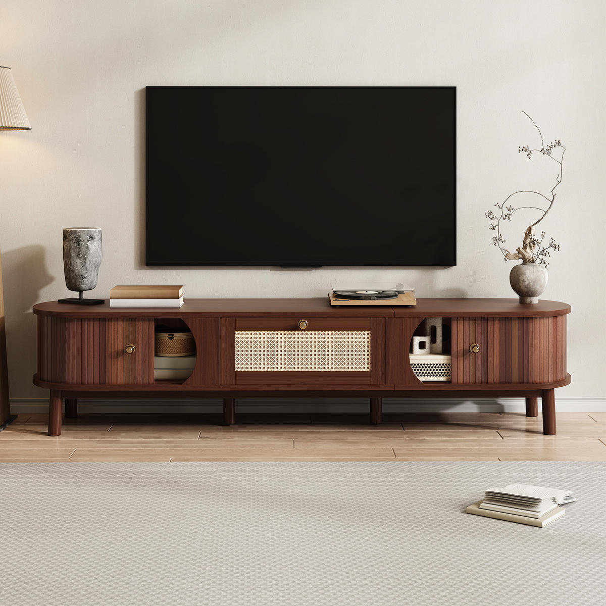 LOWBOARD 170/39,5/38 cm aus Holzwerkstoff und Rattan mit Schiebetür und Schubladen Naturfarben - Eichefarben, Holzwerkstoff (170/38/39.5cm) - Modenvie