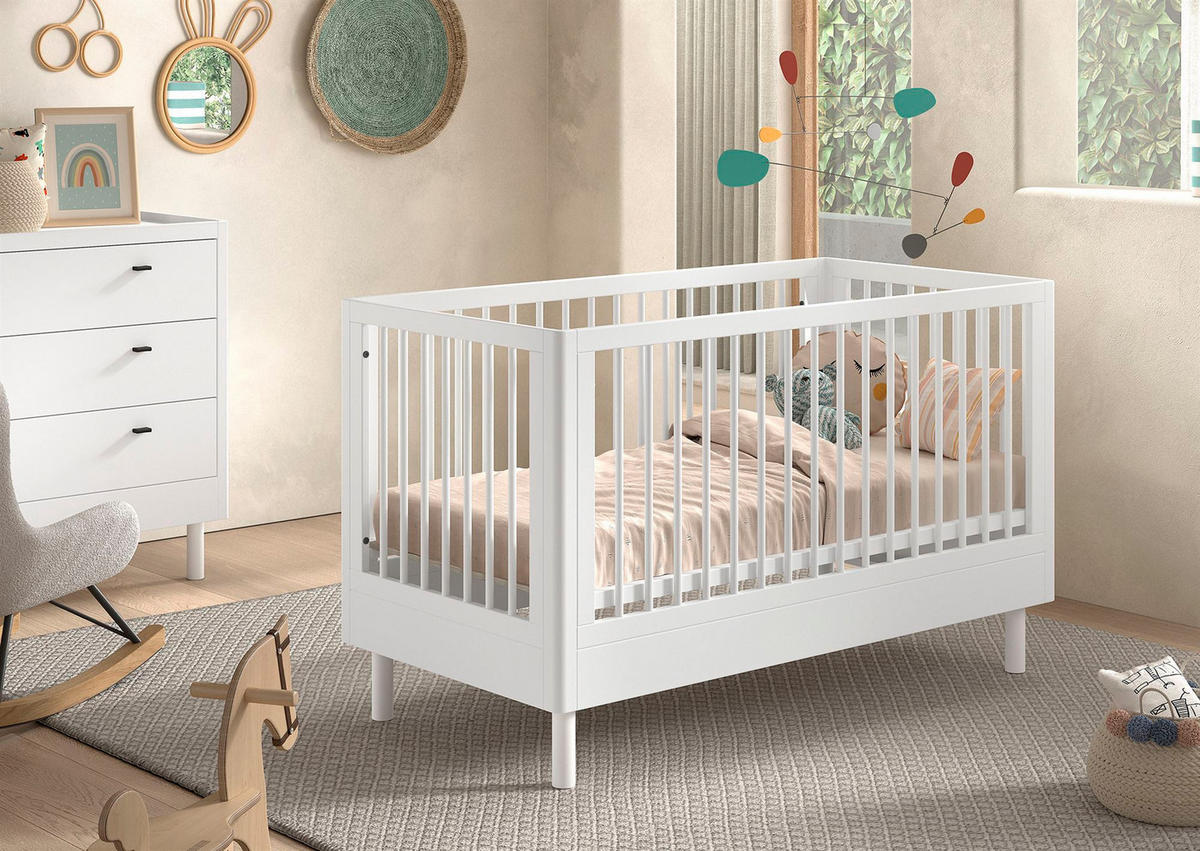 BABYBETT 70x140 Keeley Buche Weiß Holz Umbaubar Komfort Stabil - Weiß, Holz (70/140cm) - 58aufmkessel